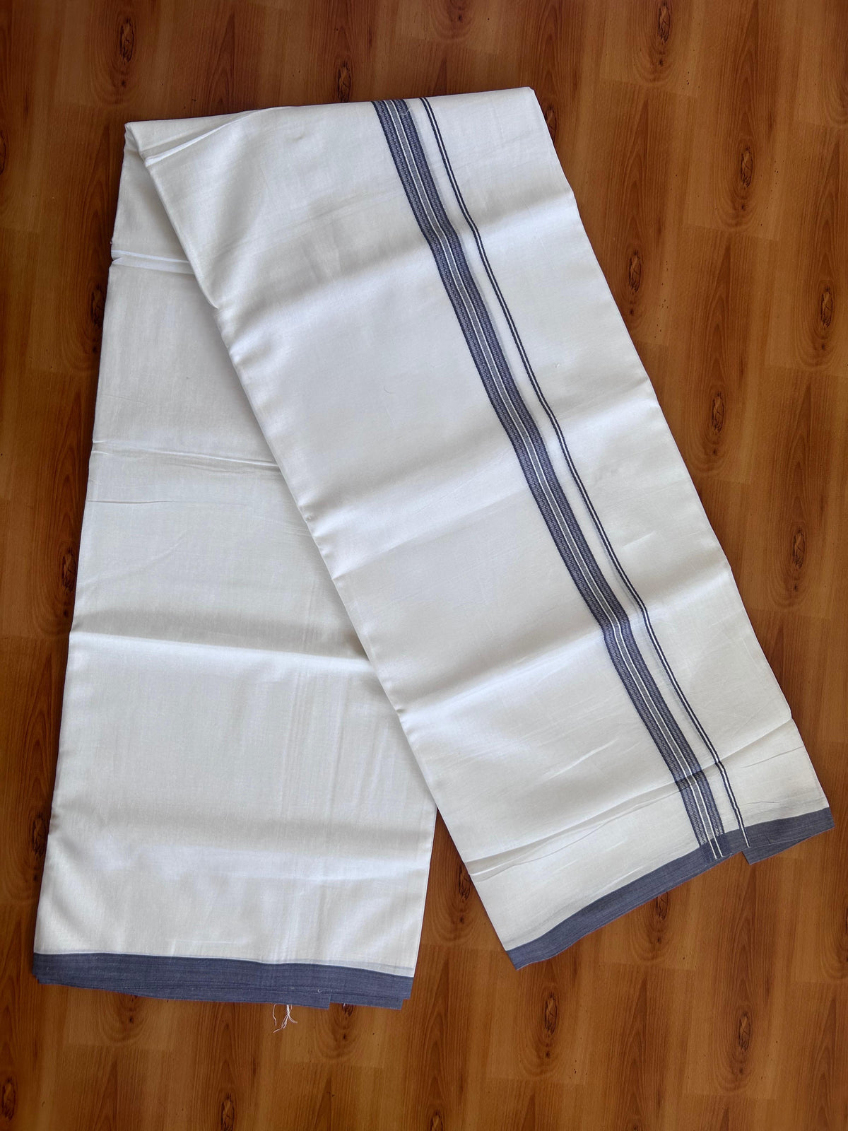 Double Pure White Mundu/Dhoti - 20% Discount !! KaithariKada 100% Cotton - (60S) - 0.75 inch Ash Lavender Shaded Striped Kara 3.75 mtr (8 muzham) - 18 KK5506 CKS