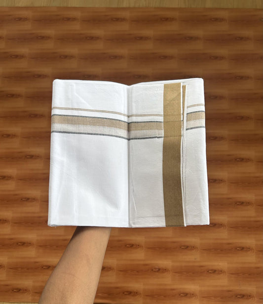 Single Mundu/Dhoti  - Pure White - 29% Discount !! KaithariKada Balaramapuram 100% Cotton - Twisted 60s Thread -1 Inch Silver Kasav & Black & Sand Brown Shaded  Kara (2 meter / 4 muzham) - 40 KK5393 GL