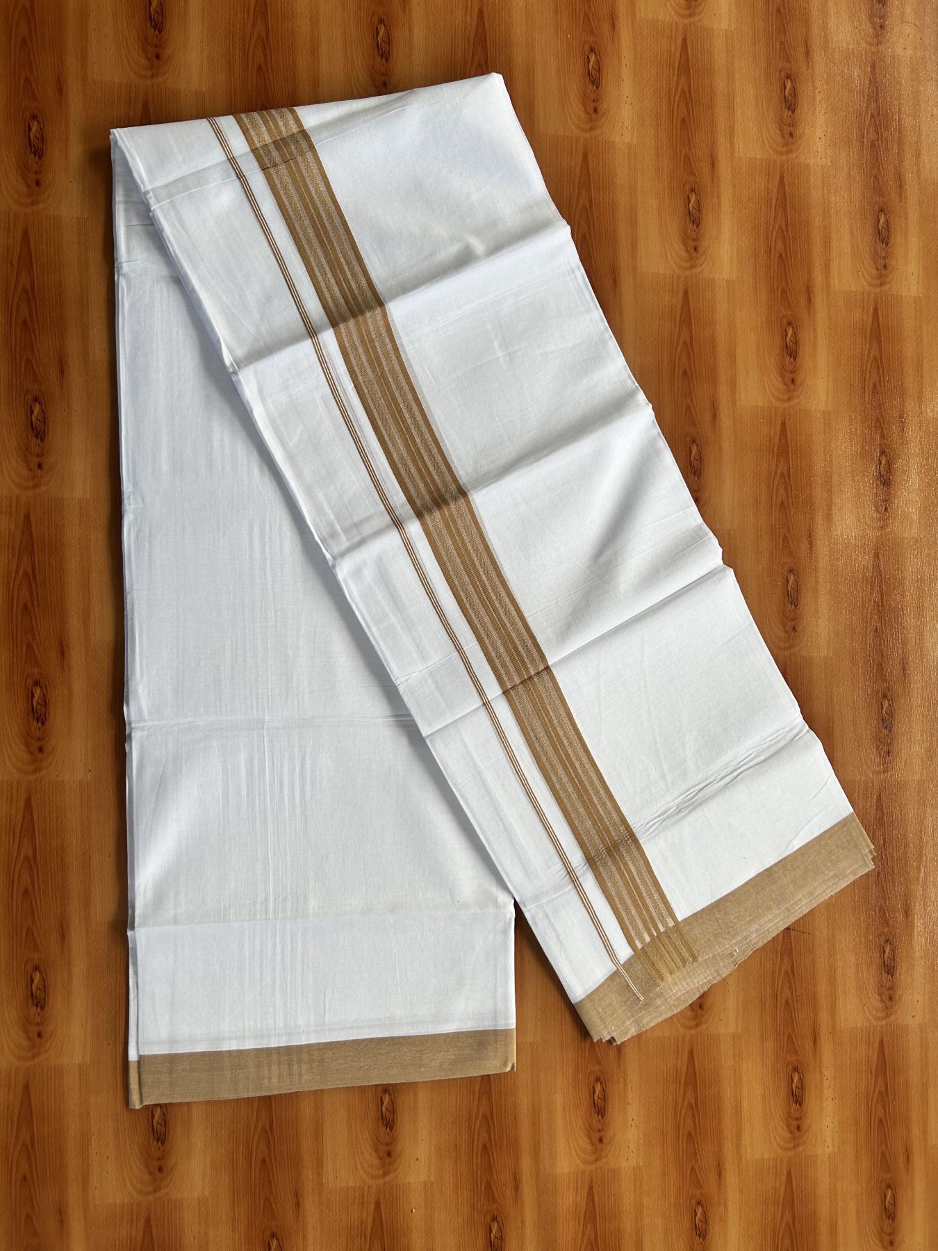 Double Pure white Mundu/Dhoti- 20% Discount! KaithariKada Balaramapuram 100% Cotton  - 100X80 - 1.5 inch Brownish Yellow  Shaded Striped kara - 3.90 mtr (8 muzham) - 9 KK5444 VIN