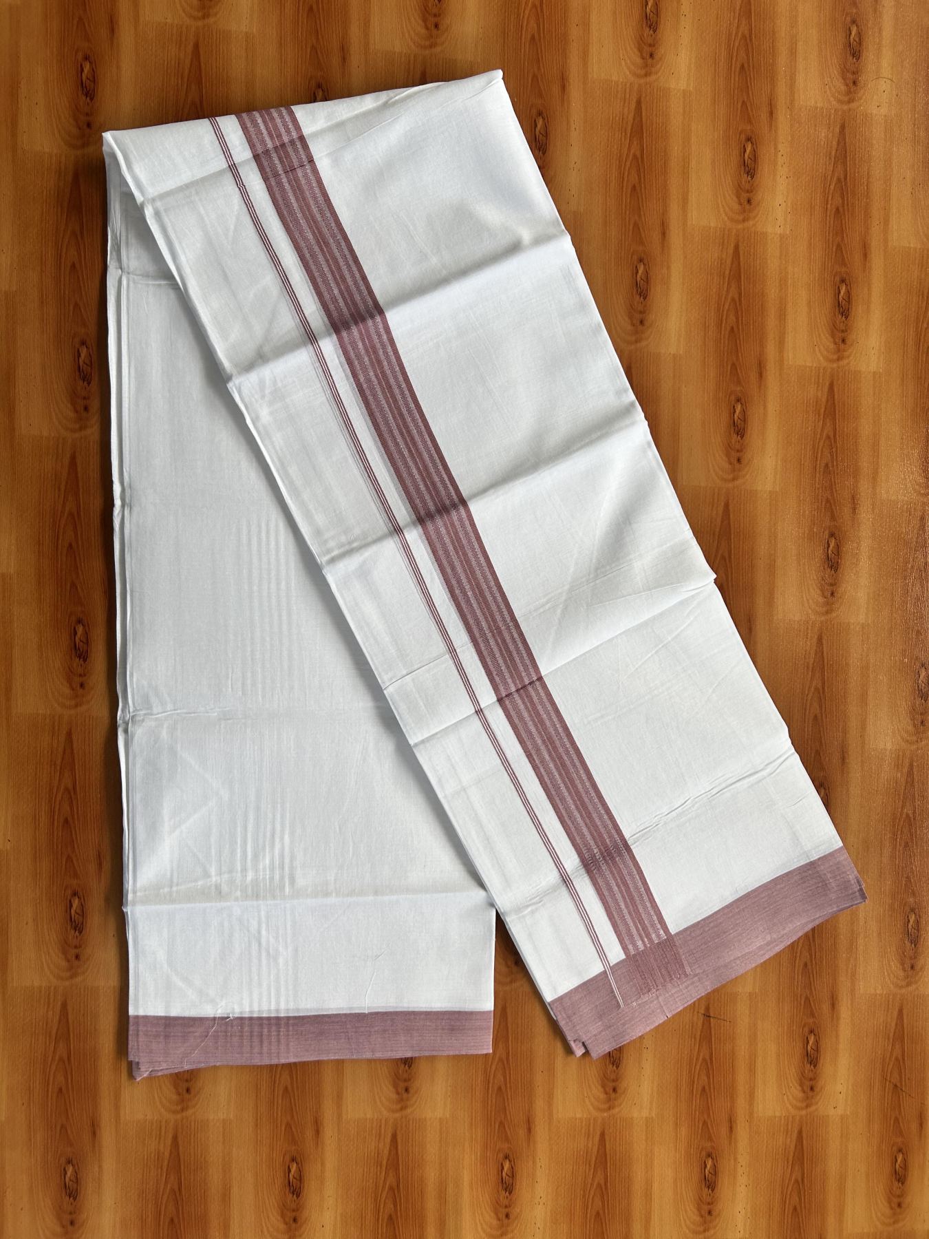 Double Pure white Mundu/Dhoti- 20% Discount! KaithariKada Balaramapuram 100% Cotton  - 100X80 - 1.5 inch Dusty Rose Shaded Striped kara - 3.90 mtr (8 muzham) - 5 KK5444 VIN