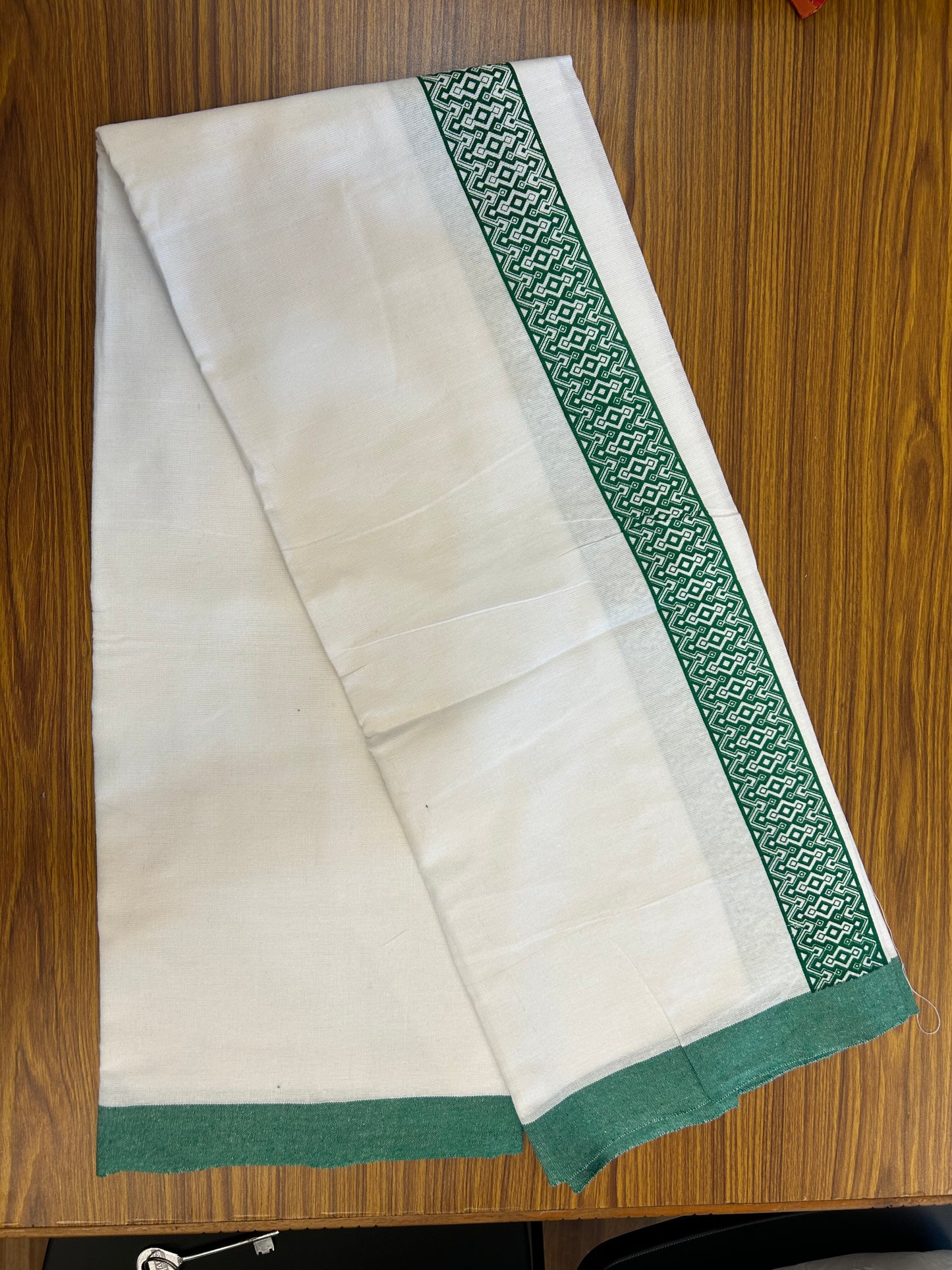 Kaitharikada - Polyster Mixed Cotton - (20s) - Pure white Single Kaily / Lungi - 2 inch Green Printed Kara with White colour body (2 meter / 4 muzham) -  1 KK8047 SAT