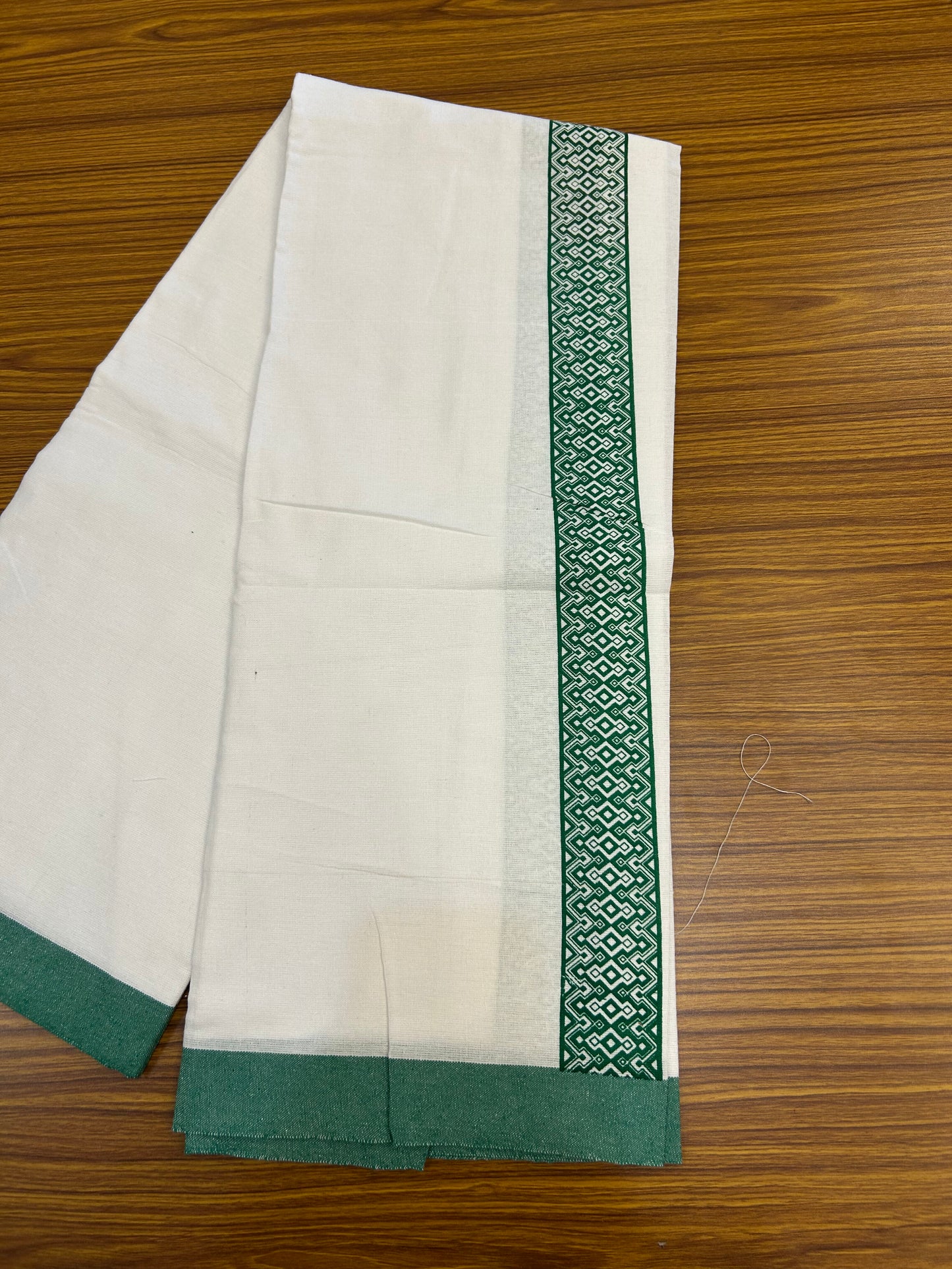 Kaitharikada - Polyster Mixed Cotton - (20s) - Pure white Single Kaily / Lungi - 2 inch Green Printed Kara with White colour body (2 meter / 4 muzham) -  1 KK8047 SAT