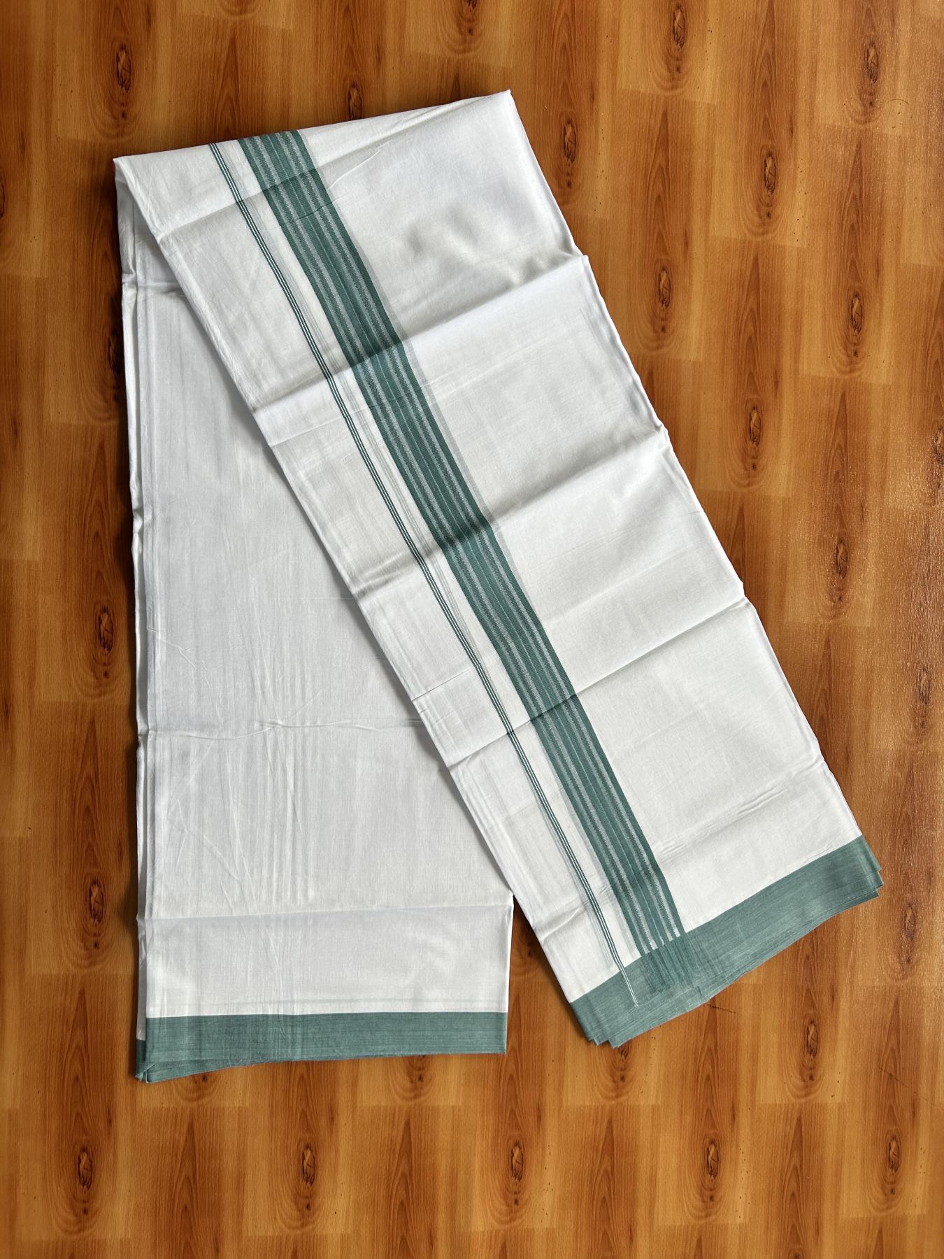 Double Pure white Mundu/Dhoti- 20% Discount! KaithariKada Balaramapuram 100% Cotton  - 100X80 - 1.5 inch Teal Green Shaded Striped kara - 3.90 mtr (8 muzham) - 6 KK5444 VIN