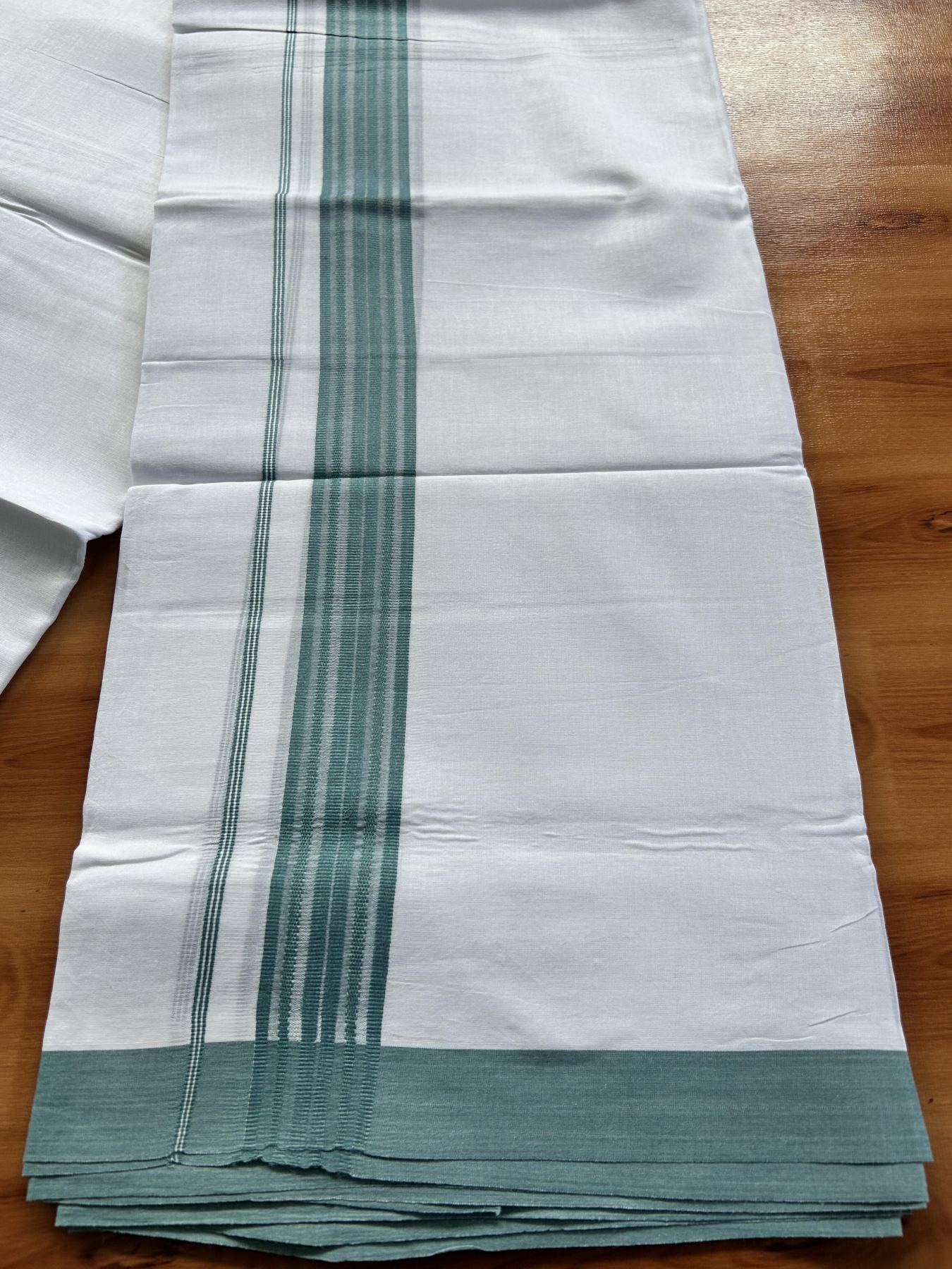 Double Pure white Mundu/Dhoti- 20% Discount! KaithariKada Balaramapuram 100% Cotton  - 100X80 - 1.5 inch Teal Green Shaded Striped kara - 3.90 mtr (8 muzham) - 6 KK5444 VIN