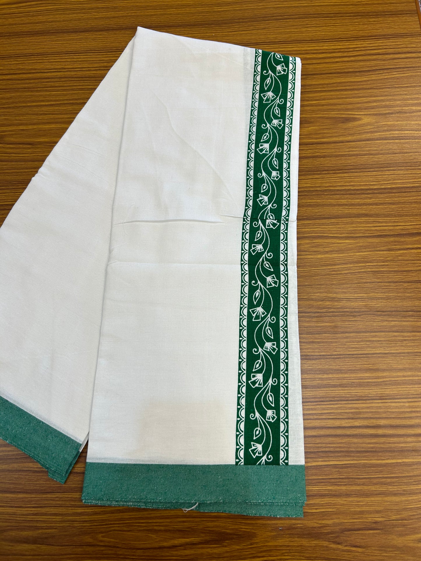 Kaitharikada - Polyster Mixed Cotton - (20s) - Pure white Single Kaily / Lungi - 2.25 inch Green Printed Kara with White colour body (2 meter / 4 muzham) -  2 KK8047 SAT