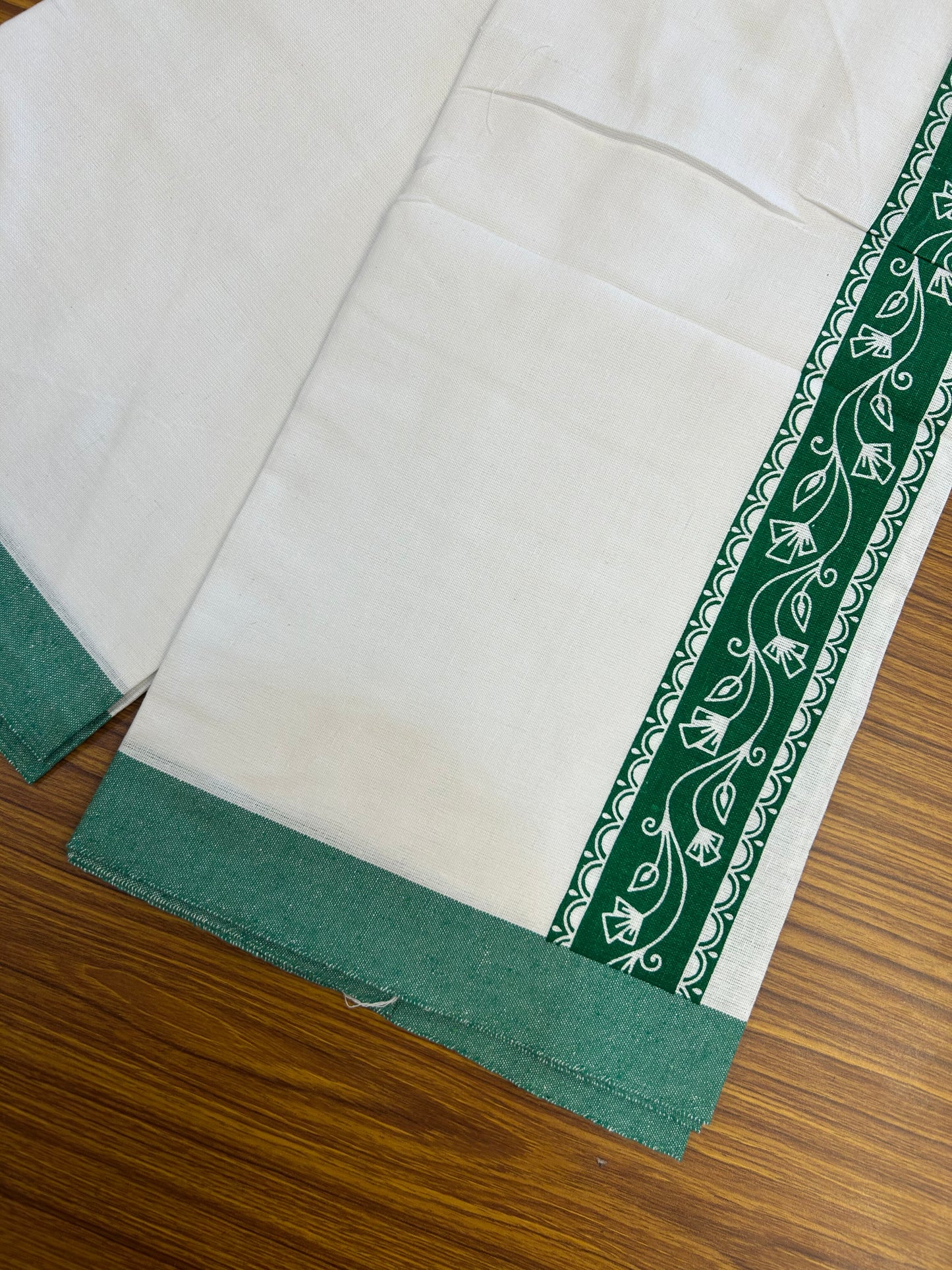 Kaitharikada - Polyster Mixed Cotton - (20s) - Pure white Single Kaily / Lungi - 2.25 inch Green Printed Kara with White colour body (2 meter / 4 muzham) -  2 KK8047 SAT