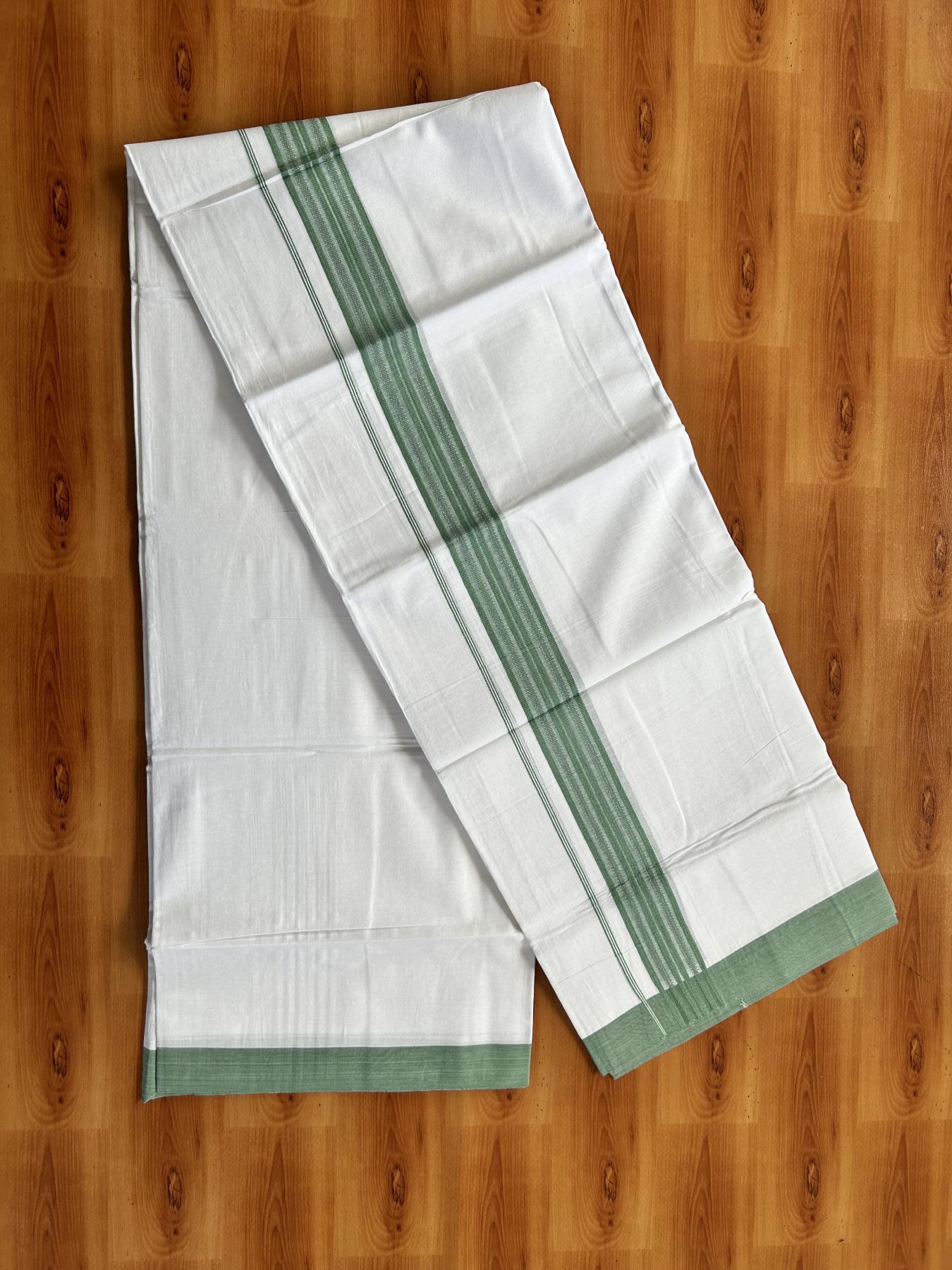 Double Pure white Mundu/Dhoti- 20% Discount! KaithariKada Balaramapuram 100% Cotton  - 100X80 - 1.5 inch Light Green Shaded Striped kara - 3.90 mtr (8 muzham) - 3 KK5444 VIN