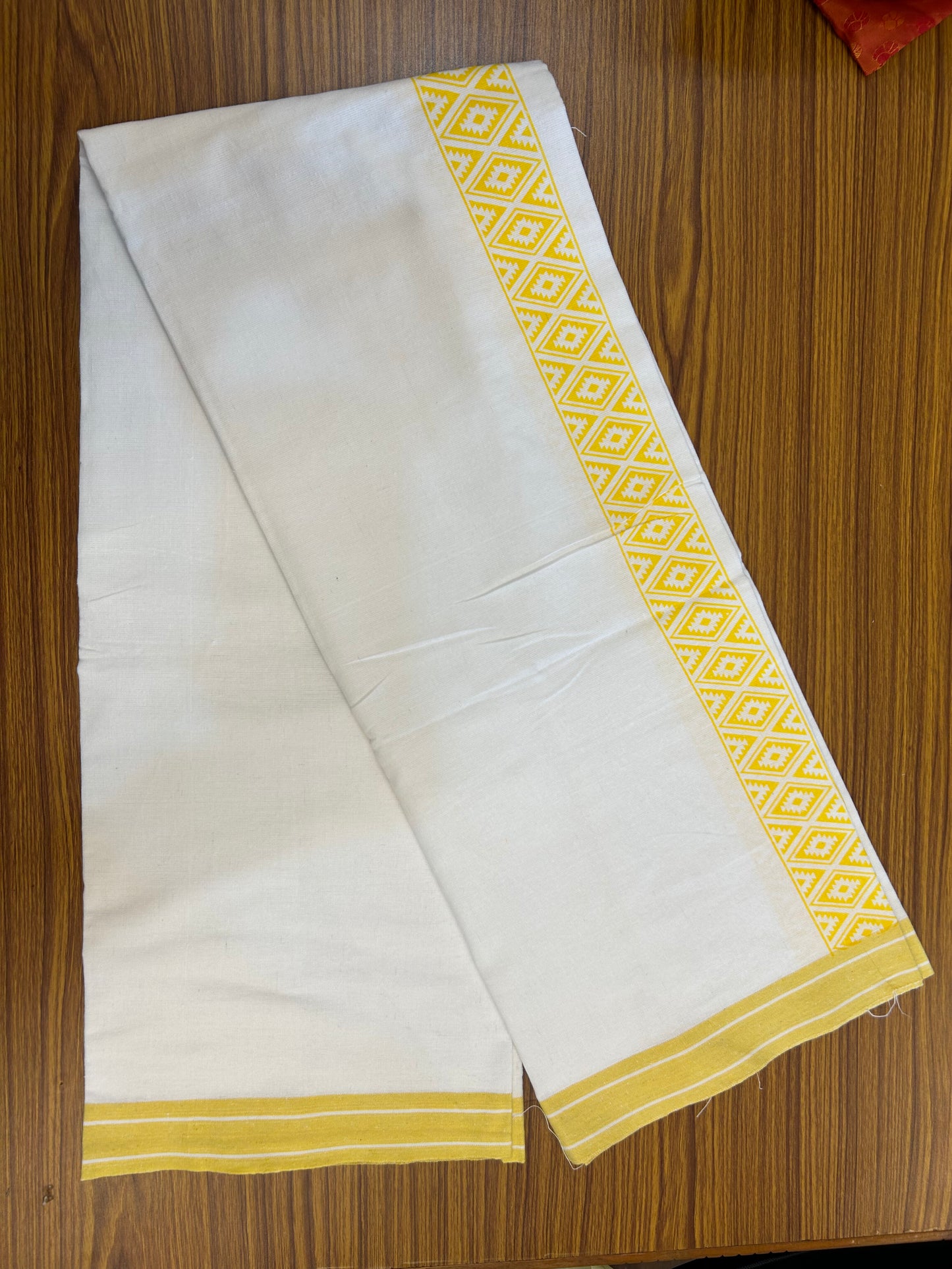 Kaitharikada - Polyster Mixed Cotton - (20s) - Pure white Single Kaily / Lungi - 2 inch Yellow Printed Kara with White colour body (2 meter / 4 muzham) - 7 KK8047 SAT