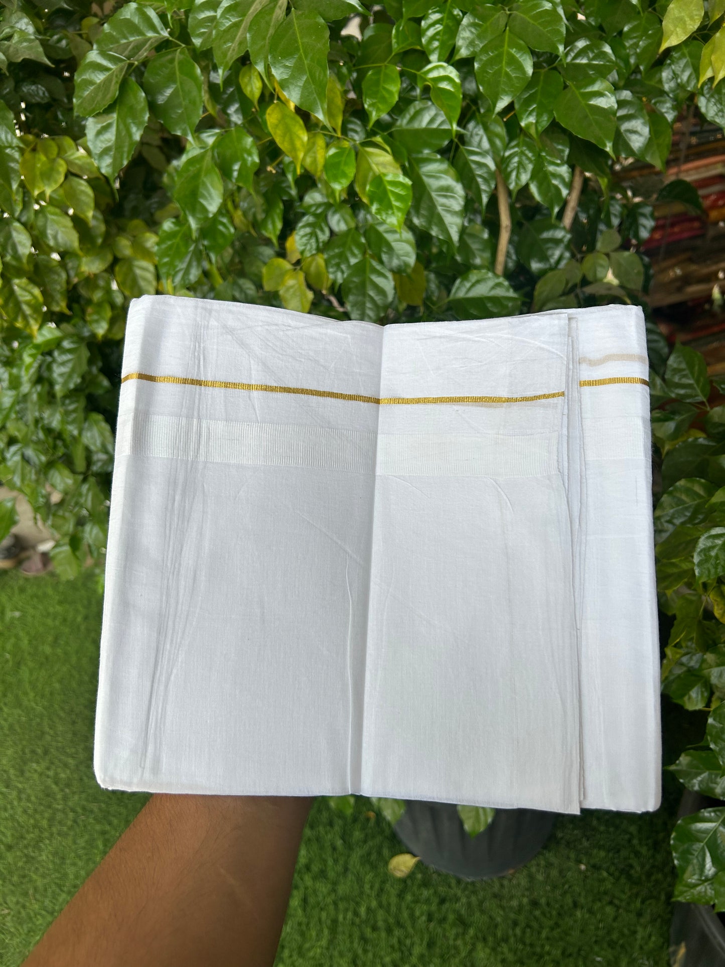 20% Discount ! Kaitharikada Balaramapuram 100% Cotton Pure White Double Mundu/Dothi - 100x80 - 2 cm Gold kasav & White kara 3.80 mtr (8 muzham) - 40 KK5359 THI