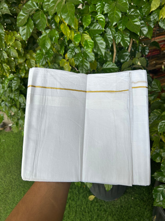 20% Discount ! Kaitharikada Balaramapuram 100% Cotton Pure White Double Mundu/Dothi - 100x80 - 2 cm Gold kasav & White kara 3.80 mtr (8 muzham) - 40 KK5359 THI