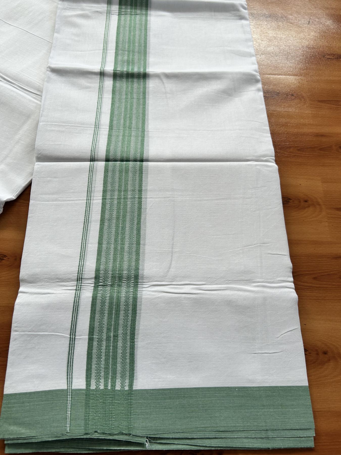 Double Pure white Mundu/Dhoti- 20% Discount! KaithariKada Balaramapuram 100% Cotton  - 100X80 - 1.5 inch Light Green Shaded Striped kara - 3.90 mtr (8 muzham) - 3 KK5444 VIN