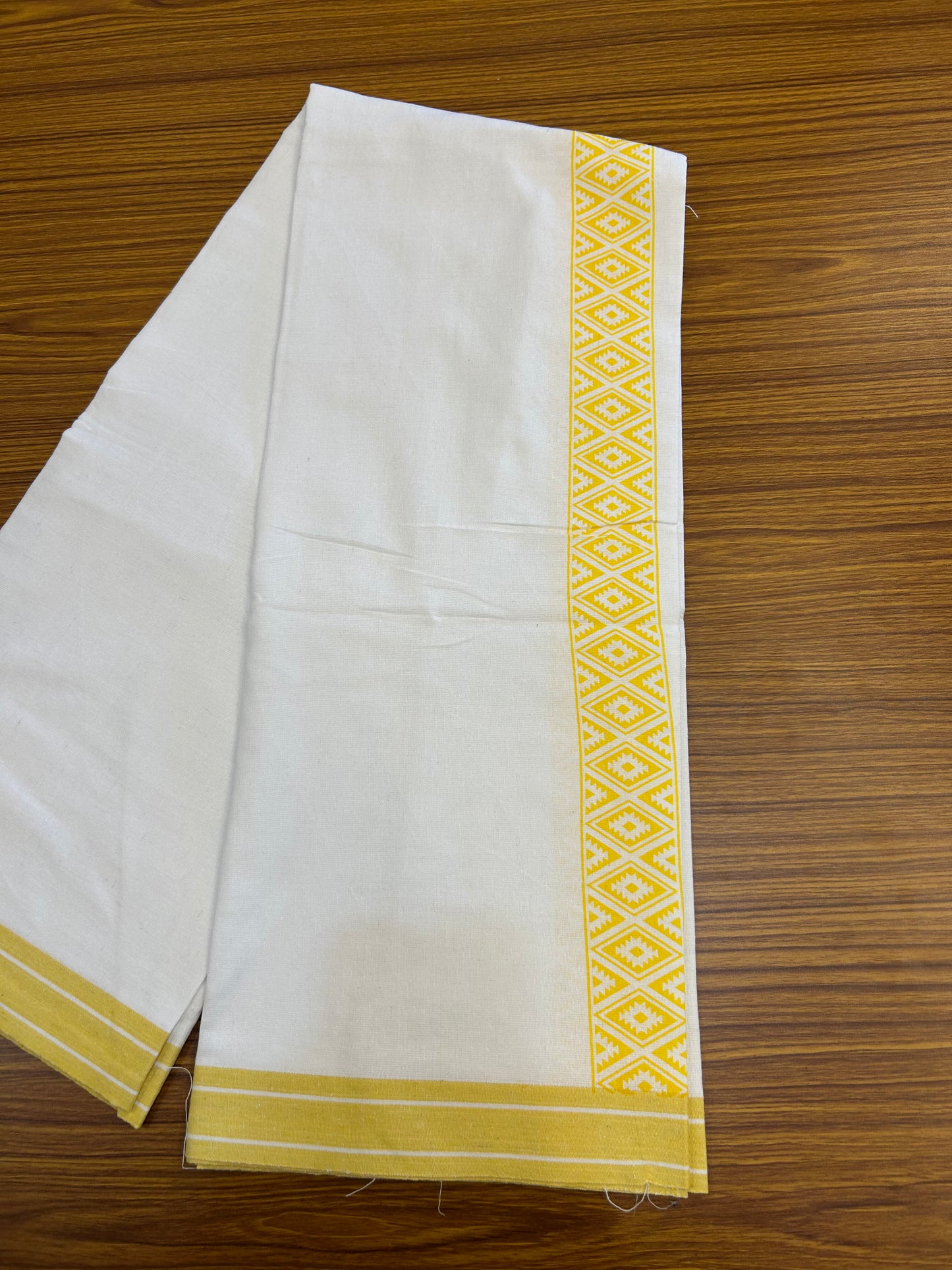 Kaitharikada - Polyster Mixed Cotton - (20s) - Pure white Single Kaily / Lungi - 2 inch Yellow Printed Kara with White colour body (2 meter / 4 muzham) - 7 KK8047 SAT