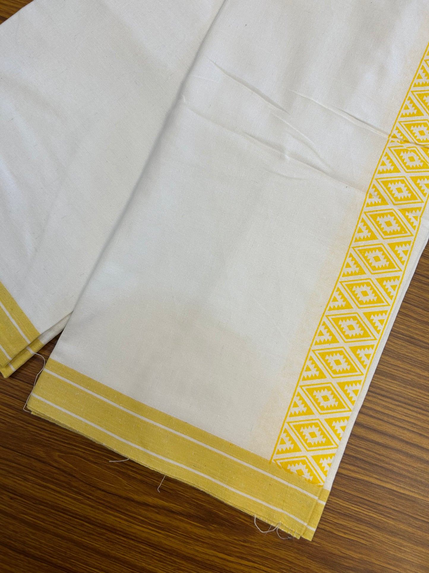 Kaitharikada - Polyster Mixed Cotton - (20s) - Pure white Single Kaily / Lungi - 2 inch Yellow Printed Kara with White colour body (2 meter / 4 muzham) - 7 KK8047 SAT