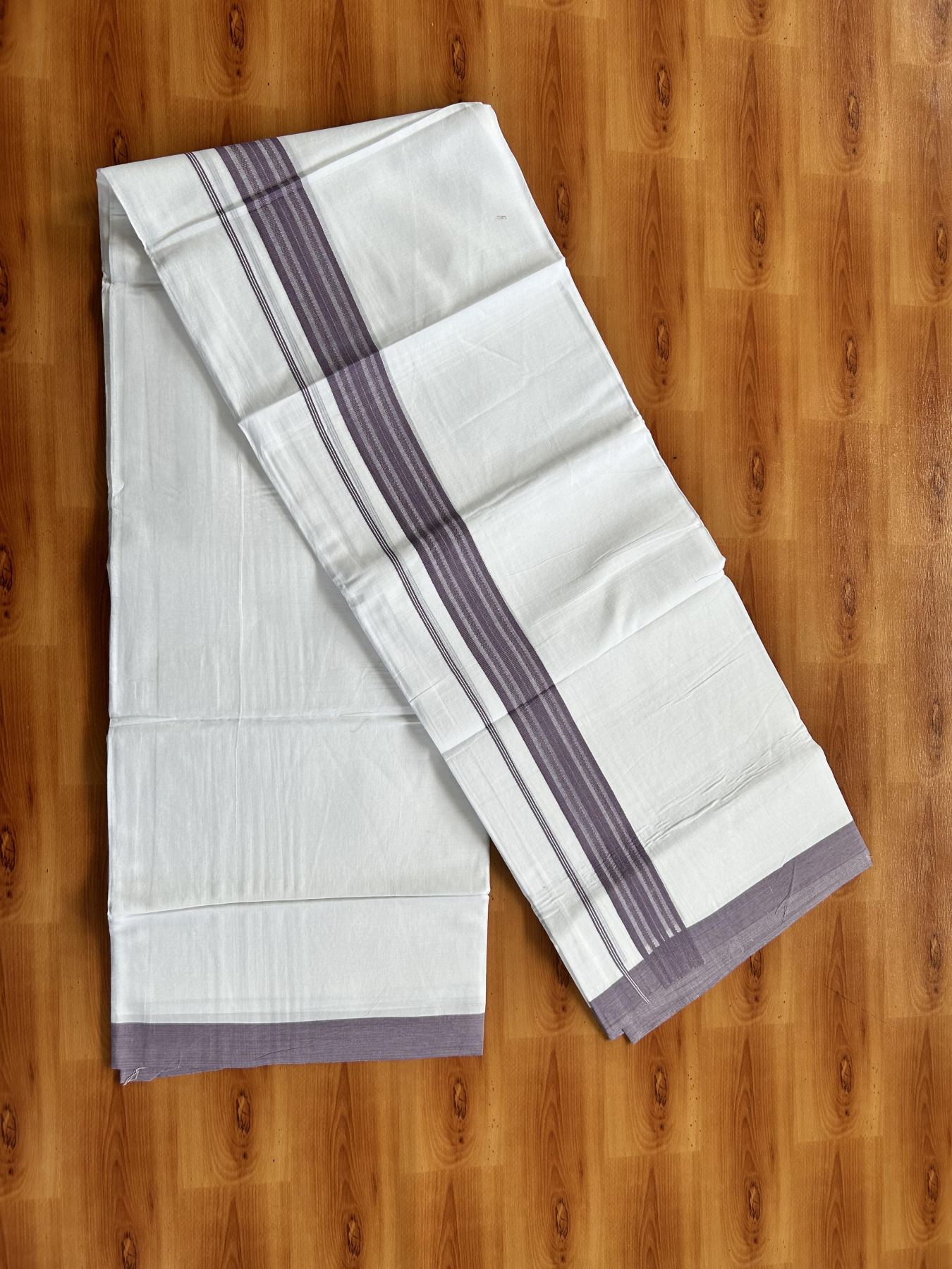 Double Pure white Mundu/Dhoti- 20% Discount! KaithariKada Balaramapuram 100% Cotton  - 100X80 - 1.5 inch Grey Purple Shaded Striped kara - 3.90 mtr (8 muzham) - 4 KK5444 VIN