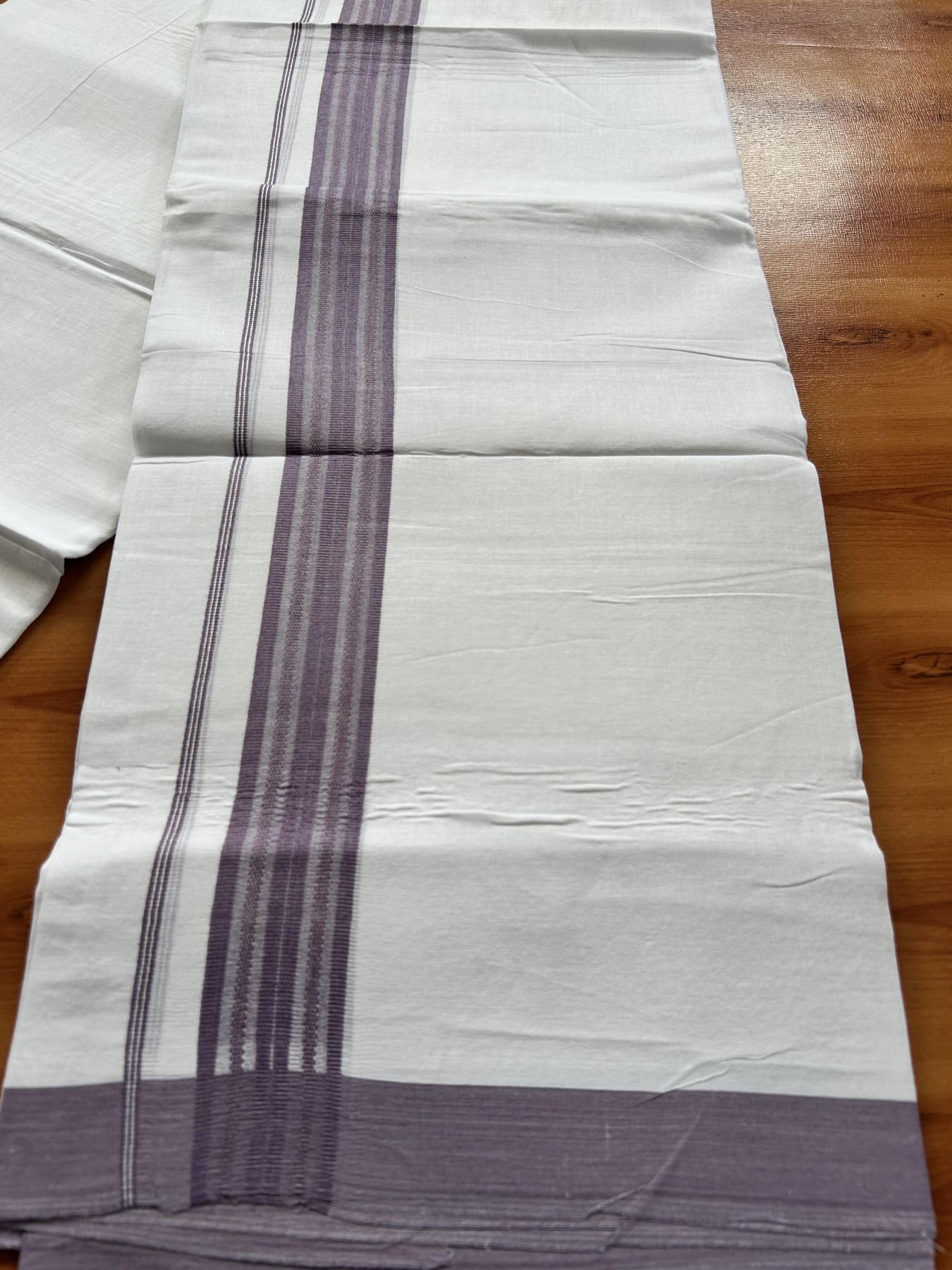 Double Pure white Mundu/Dhoti- 20% Discount! KaithariKada Balaramapuram 100% Cotton  - 100X80 - 1.5 inch Grey Purple Shaded Striped kara - 3.90 mtr (8 muzham) - 4 KK5444 VIN
