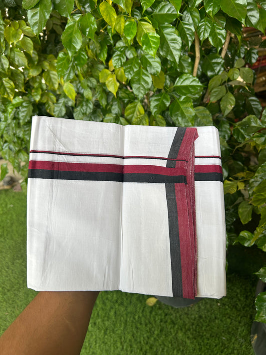 Dmk Veshti - 20% Discount ! KaithariKada 100% Cotton Pure White Double Mundu/Dhoti - 100X80 - 1 inch Black & Maroon Red kara 3.80 mtr (8 mulam) - 41 KK5359 THI