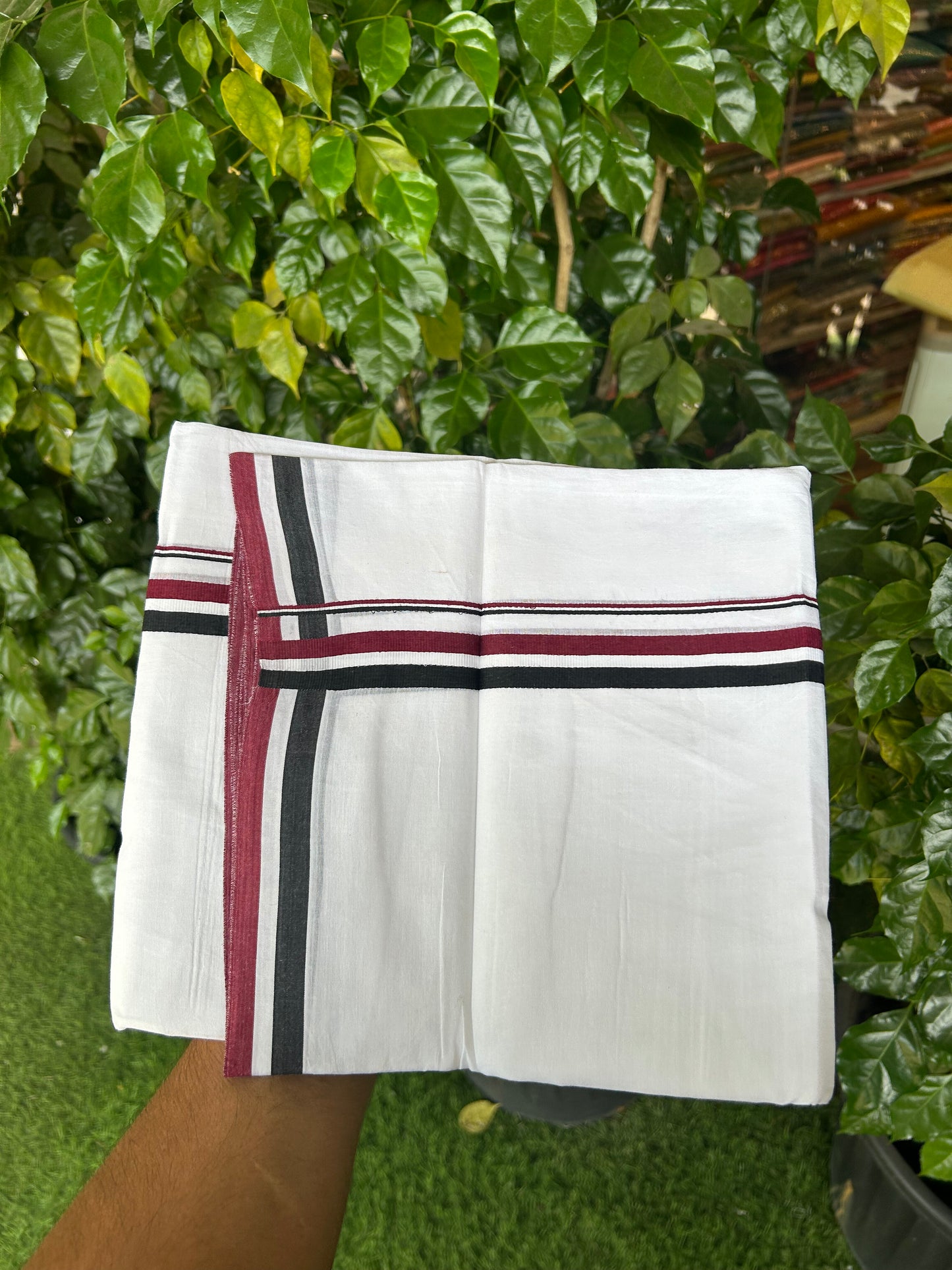 Admk Veshti - 20% Discount! KaithariKada 100% Cotton Pure white Double Mundu/Dhoti - 100X80 - 1 inch Black White & Maroon Red kara - 42 KK5359 THI