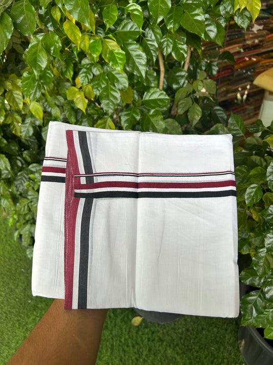 Admk Veshti - 20% Discount! KaithariKada 100% Cotton Pure white Double Mundu/Dhoti - 100X80 - 1 inch Black White & Maroon Red kara - 42 KK5359 THI