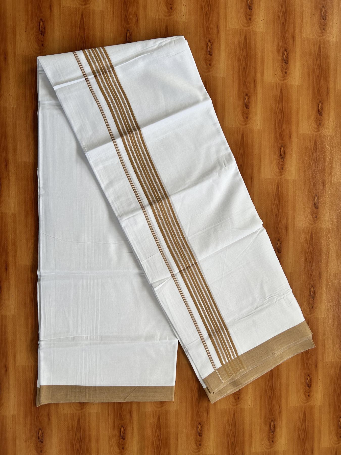 Double Pure white Mundu/Dhoti- 20% Discount! KaithariKada Balaramapuram 100% Cotton  - 100X80 - 1.5 inch Brownish Yellow  Shaded Striped kara - 3.90 mtr (8 muzham) - 10 KK5444 VIN