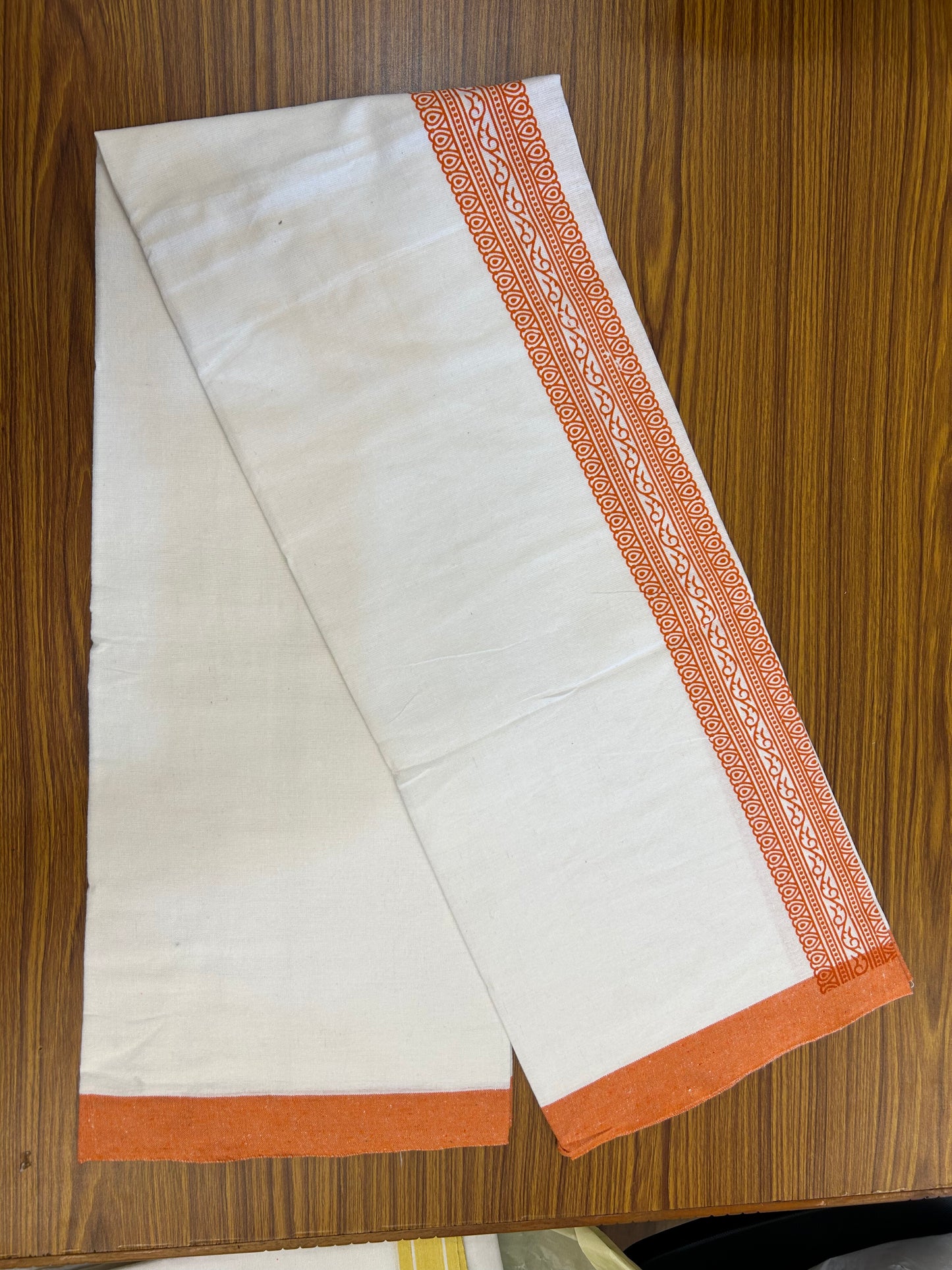 Kaitharikada - Polyster Mixed Cotton - (20s) - Pure white Single Kaily / Lungi - 2.25 inch Orange Printed Kara with White colour body (2 meter / 4 muzham) - 10 KK8047 SAT