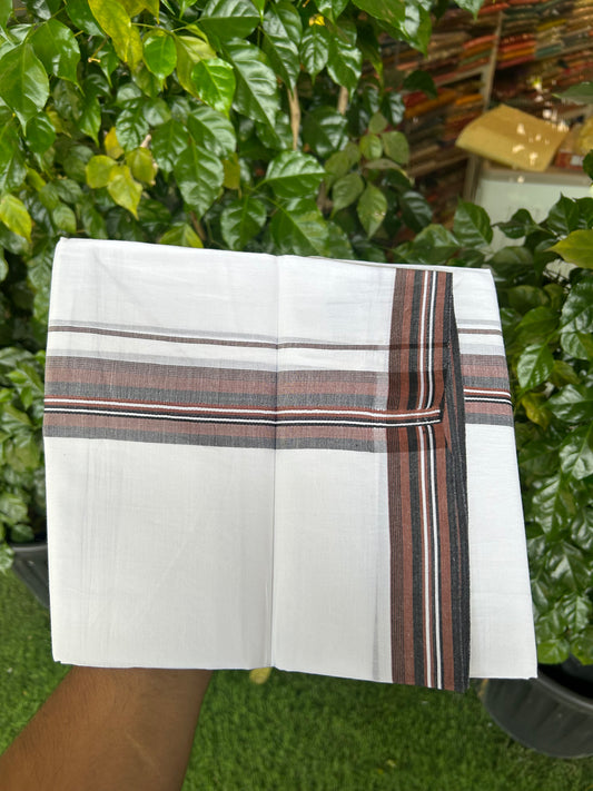 20% Discount ! Kaitharikada Balaramapuram 100% Cotton Pure White Double Mundu/Dothi - 100x80 - 1.75 inch Walnut Brown & Black Shaded Striped Kara 3.80 mtr (8 muzham) - 10 KK5359 THI