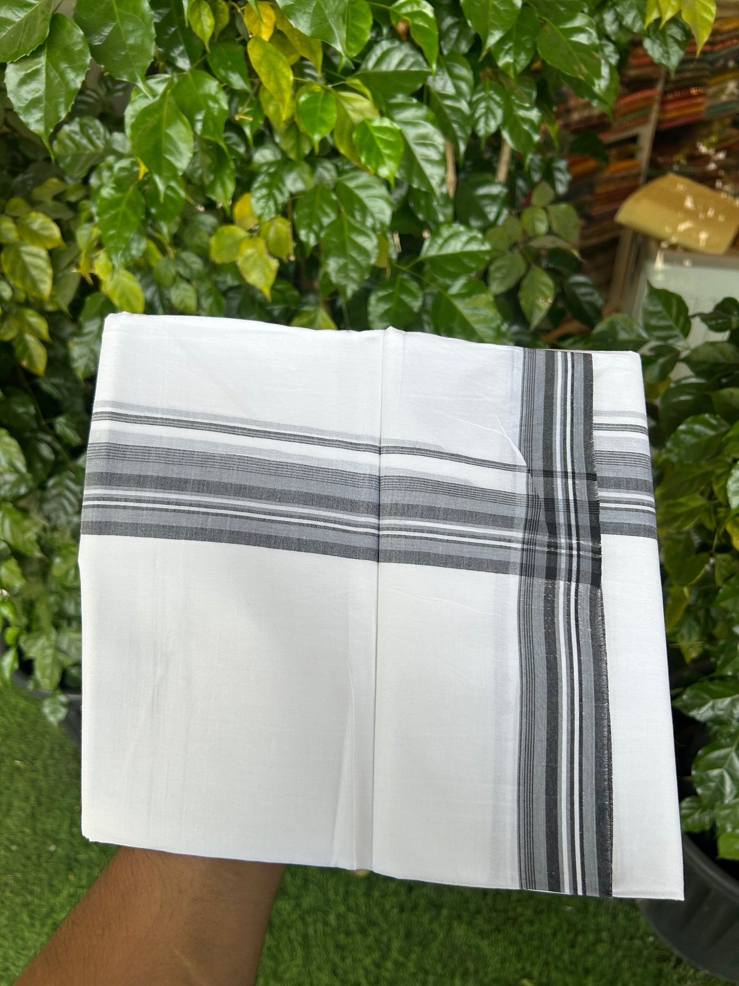 20% Discount ! Kaitharikada Balaramapuram 100% Cotton Pure White Double Mundu/Dothi - 100x80 - 1.5 inch Ash Blue & Black Shaded Striped Kara 3.80 mtr (8 muzham) - 18 KK5359 THI