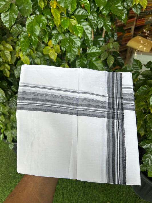 20% Discount ! Kaitharikada Balaramapuram 100% Cotton Pure White Double Mundu/Dothi - 100x80 - 1.5 inch Ash Blue & Black Shaded Striped Kara 3.80 mtr (8 muzham) - 18 KK5359 THI