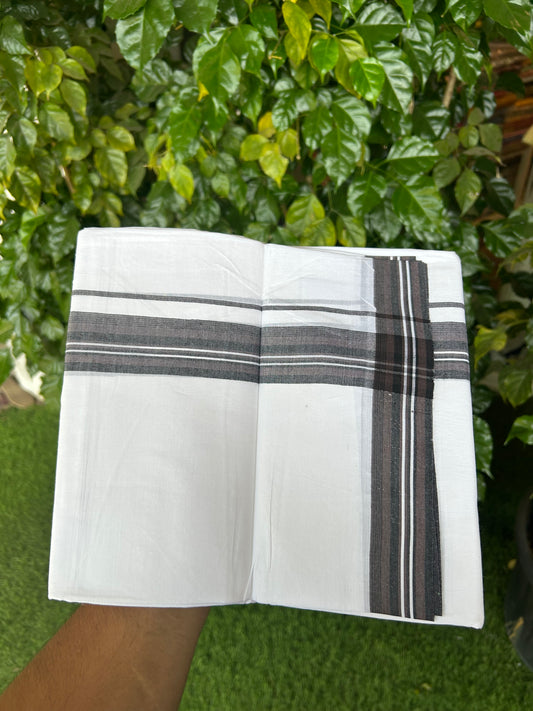 20% Discount ! Kaitharikada Balaramapuram 100% Cotton Pure White Double Mundu/Dothi - 100x80 - 1.5 inch Purplish Brown & Black Shaded Striped Kara 3.80 mtr (8 muzham) - 8 KK5359 THI