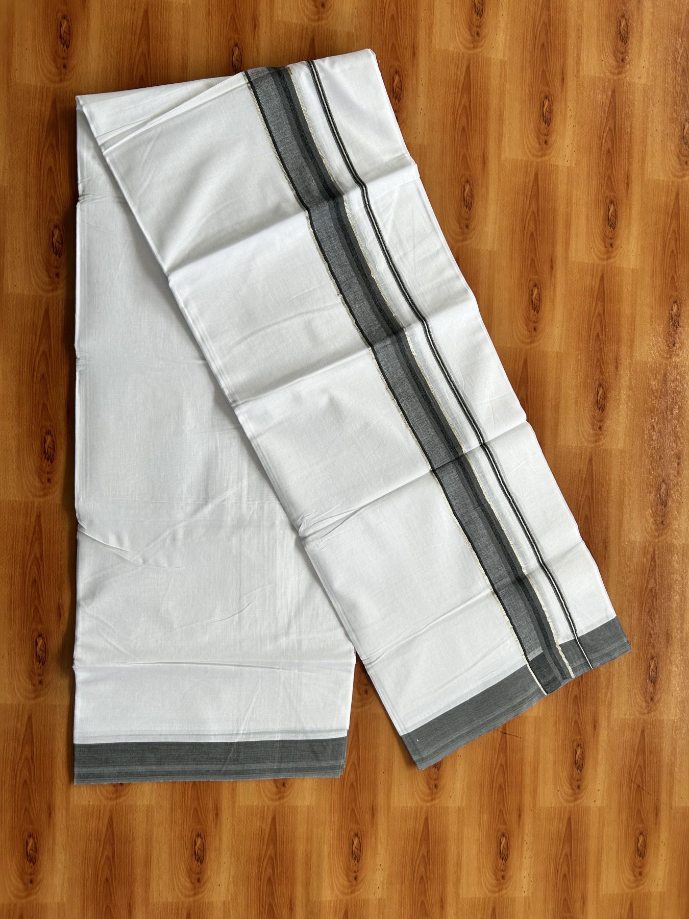 Double Pure White Mundu/Dhoti - 20% Discount ! KaithariKada Balaramapuram 100% Cotton - 100x80 - 1.5 inch Silver Kasav & Dark Ash Green & Black Shaded Striped Kara 3.90 Mtr (8 muzham) - 37 KK5444 VIN
