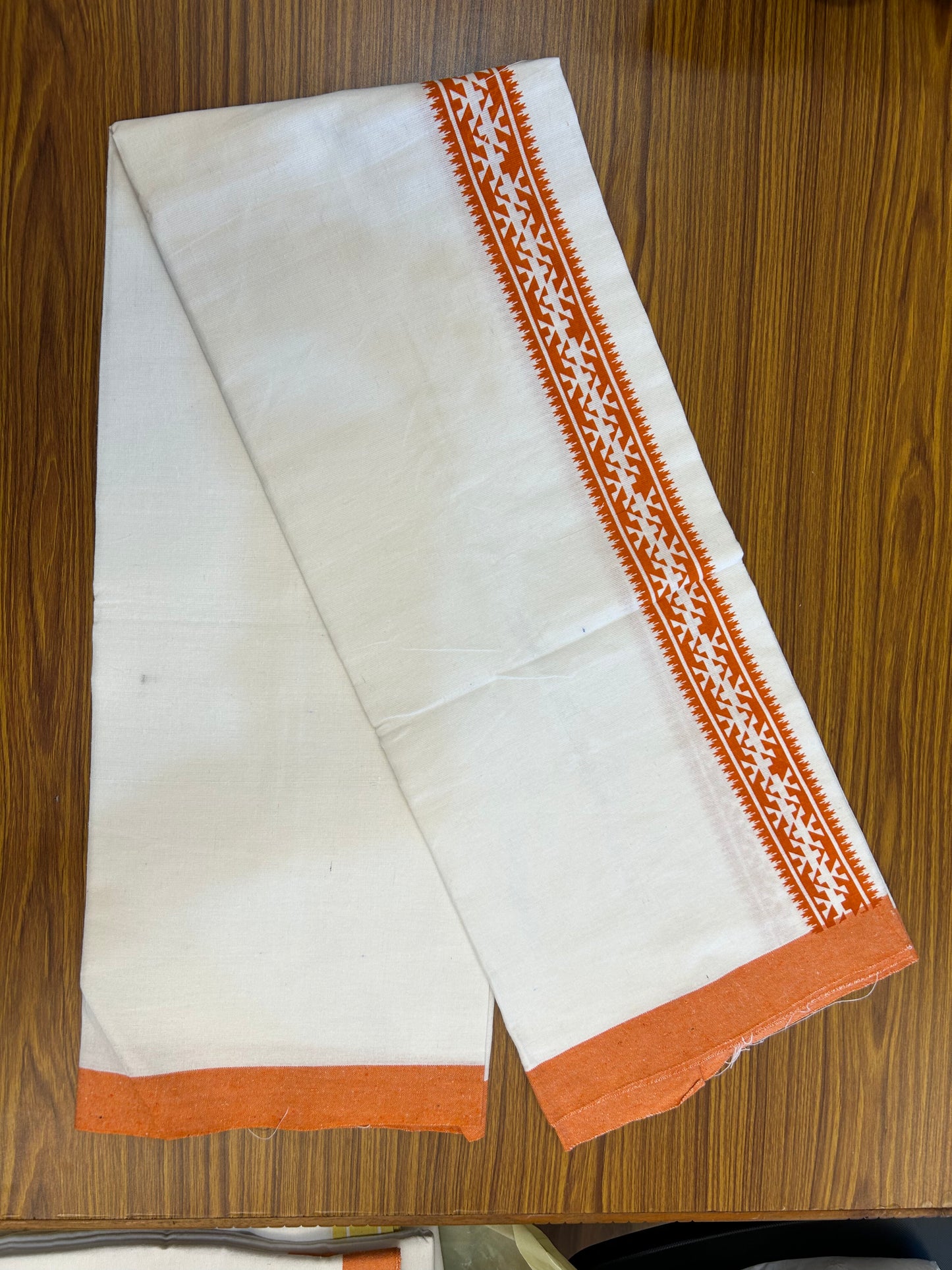 Kaitharikada - Polyster Mixed Cotton - (20s) - Pure white Single Kaily / Lungi - 2 inch Orange Printed Kara with White colour body (2 meter / 4 muzham) - 11 KK8047 SAT