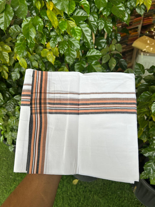 20% Discount ! Kaitharikada Balaramapuram 100% Cotton Pure White Double Mundu/Dothi - 100x80 - 1.5 inch Orange & Black Shaded Striped Kara 3.80 mtr (8 muzham) - 17 KK5359 THI