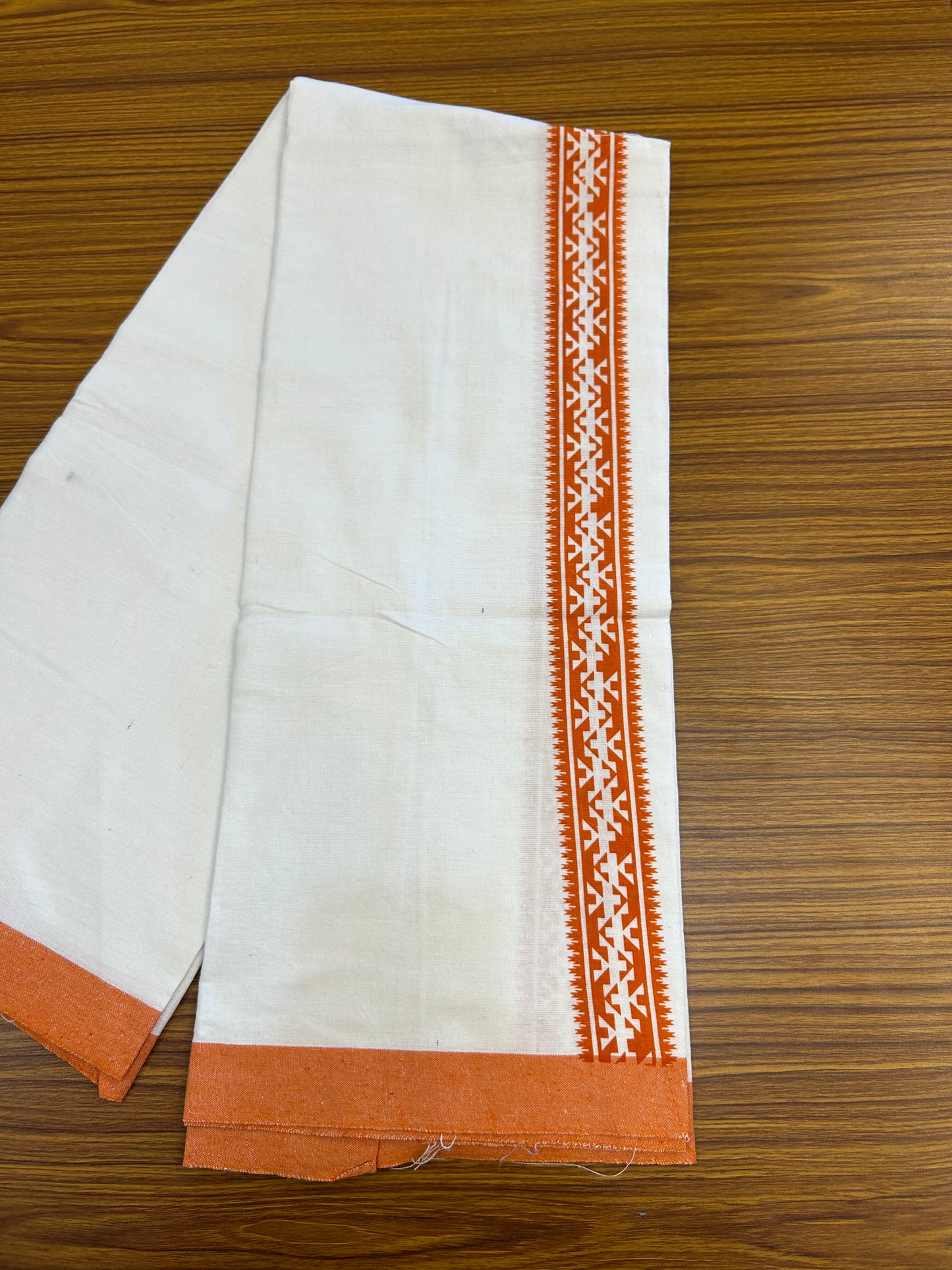 Kaitharikada - Polyster Mixed Cotton - (20s) - Pure white Single Kaily / Lungi - 2 inch Orange Printed Kara with White colour body (2 meter / 4 muzham) - 11 KK8047 SAT