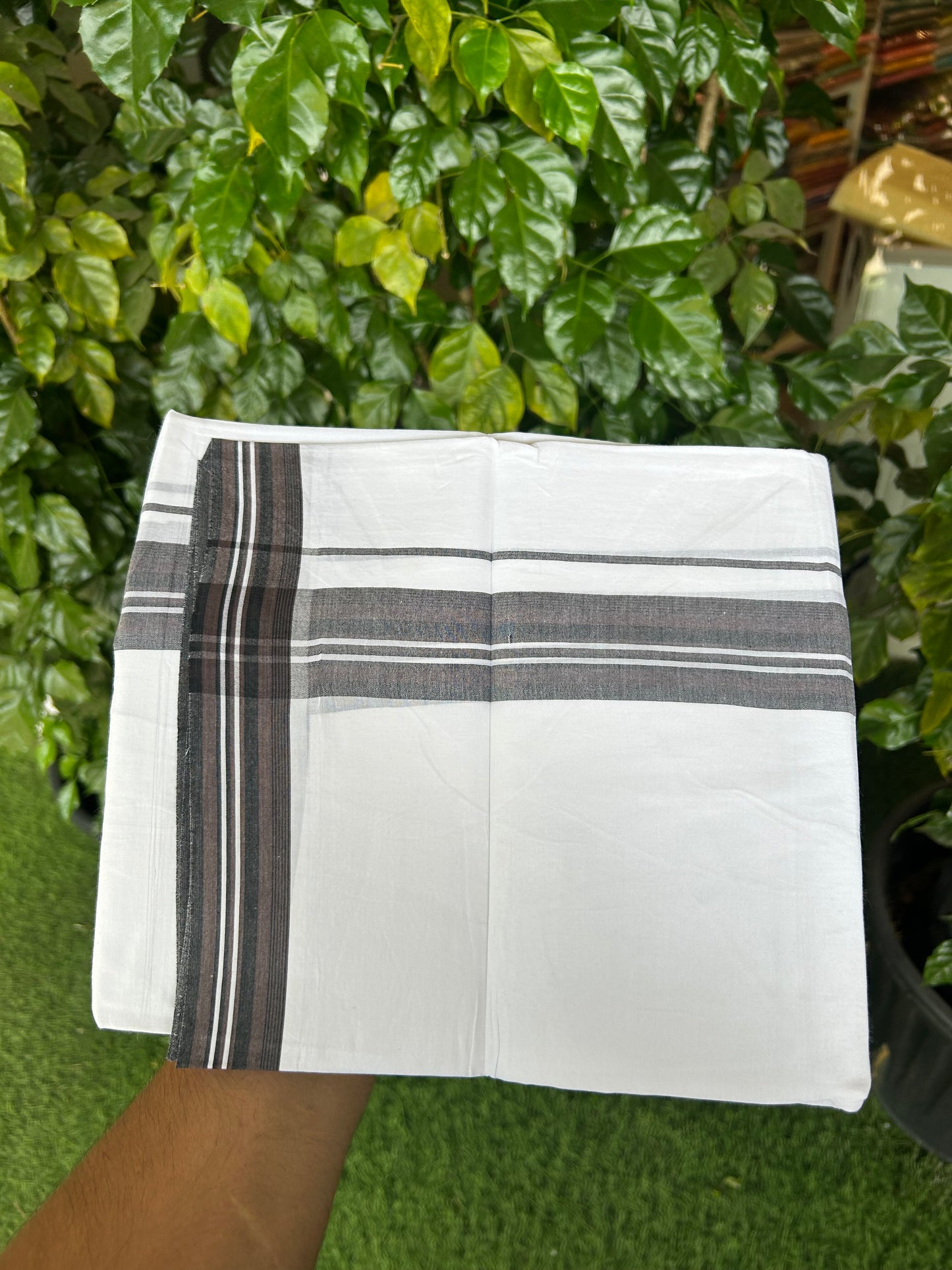 20% Discount ! Kaitharikada Balaramapuram 100% Cotton Pure White Double Mundu/Dothi - 100x80 - 1.5 inch Purplish Brown & Black Shaded Striped Kara 3.80 mtr (8 muzham) - 9 KK5359 THI