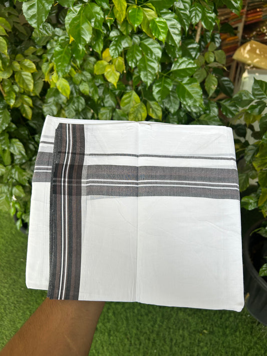 20% Discount ! Kaitharikada Balaramapuram 100% Cotton Pure White Double Mundu/Dothi - 100x80 - 1.5 inch Purplish Brown & Black Shaded Striped Kara 3.80 mtr (8 muzham) - 9 KK5359 THI