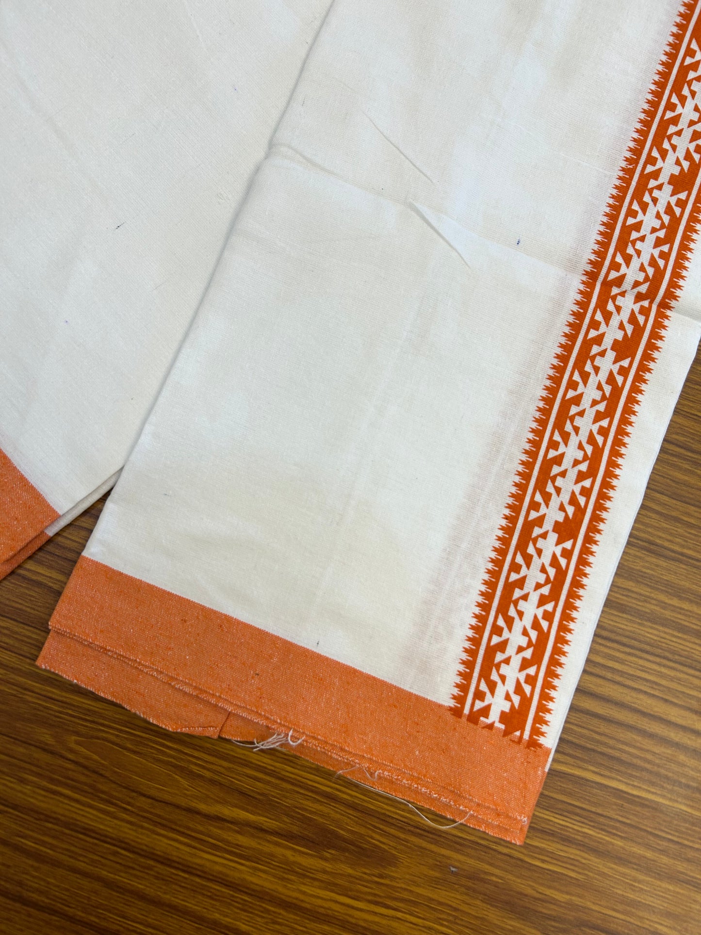 Kaitharikada - Polyster Mixed Cotton - (20s) - Pure white Single Kaily / Lungi - 2 inch Orange Printed Kara with White colour body (2 meter / 4 muzham) - 11 KK8047 SAT
