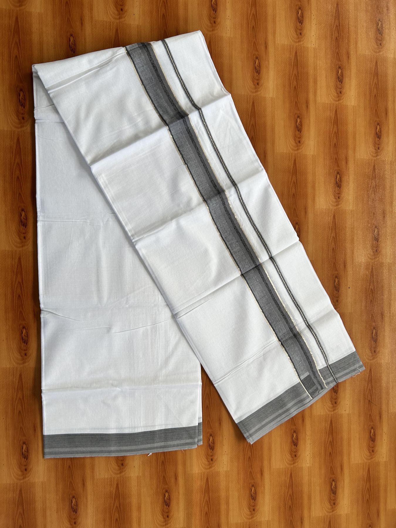 Double Pure White Mundu/Dhoti - 20% Discount ! KaithariKada Balaramapuram 100% Cotton - 100x80 - 1.5 inch Silver Kasav & Grey & Black Shaded Striped Kara 3.90 Mtr (8 muzham) - 38 KK5444 VIN