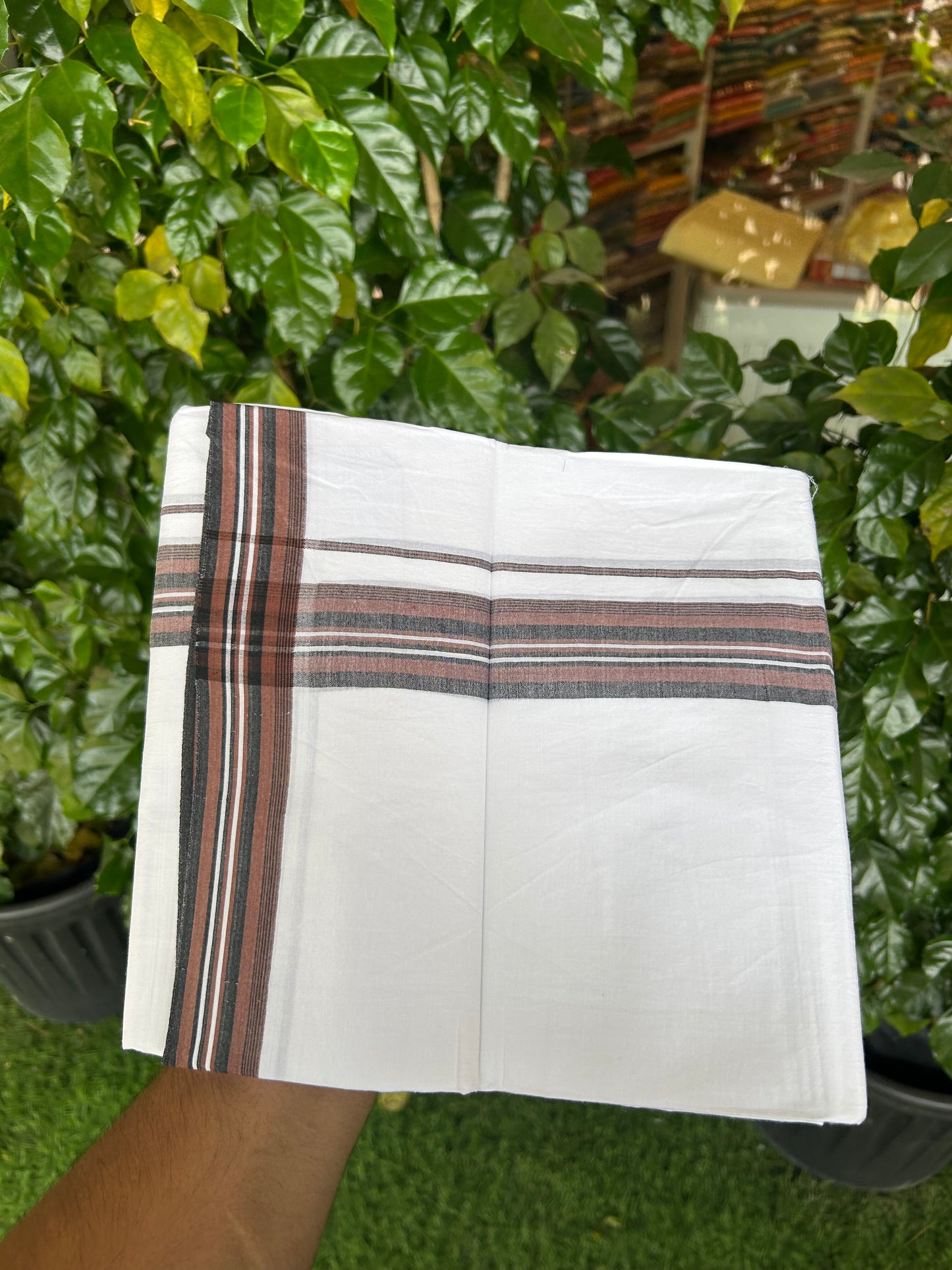 20% Discount ! Kaitharikada Balaramapuram 100% Cotton Pure White Double Mundu/Dothi - 100x80 - 1.5 inch Chestnut Brown & Black Shaded Striped Kara 3.80 mtr (8 muzham) - 16 KK5359 THI