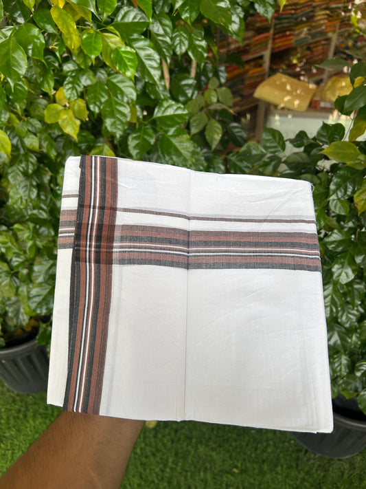 20% Discount ! Kaitharikada Balaramapuram 100% Cotton Pure White Double Mundu/Dothi - 100x80 - 1.5 inch Chestnut Brown & Black Shaded Striped Kara 3.80 mtr (8 muzham) - 16 KK5359 THI