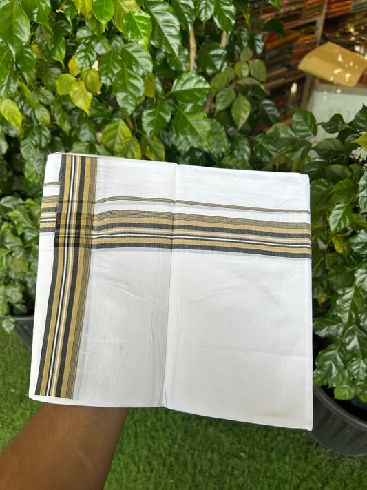 20% Discount ! Kaitharikada Balaramapuram 100% Cotton Pure White Double Mundu/Dothi - 100x80 - 1.5 inch Citrine Yellow & Black Shaded Striped Kara 3.80 mtr (8 muzham) - 14 KK5359 THI