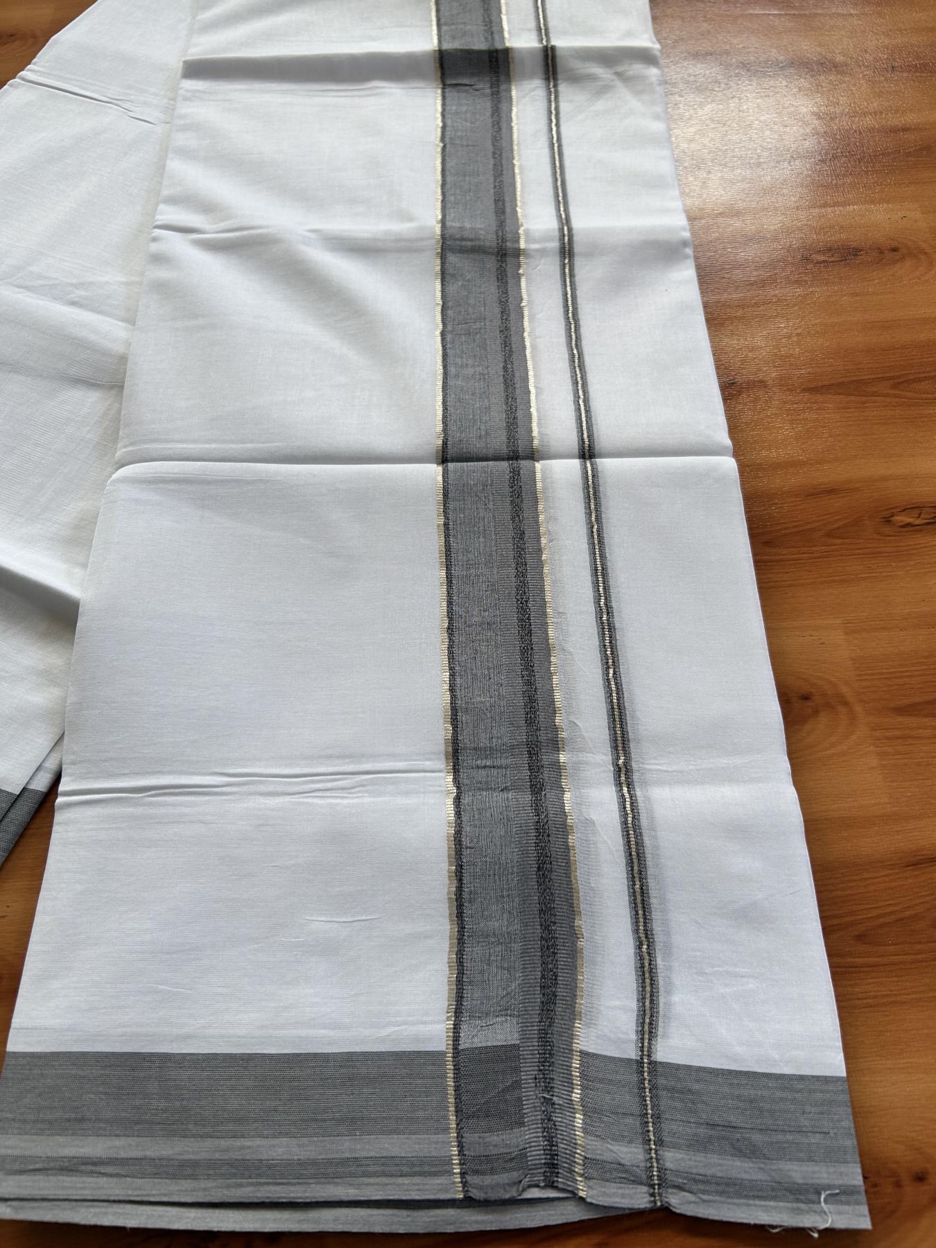 Double Pure White Mundu/Dhoti - 20% Discount ! KaithariKada Balaramapuram 100% Cotton - 100x80 - 1.5 inch Silver Kasav & Grey & Black Shaded Striped Kara 3.90 Mtr (8 muzham) - 38 KK5444 VIN