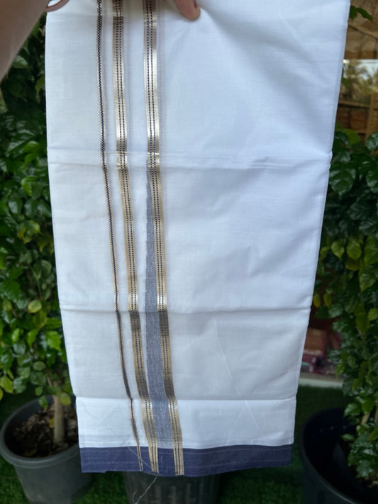 20% Discount ! Kaitharikada Balaramapuram 100% Cotton PURE WHITE DOUBLE Mundu/Dothi - 100x100 - 1.25 inch Puliyilakkara Navy Blue & Silver Kasav Stripes Chutty Kara 4 mtr (8.5 muzham) - 11KK5221 GAN