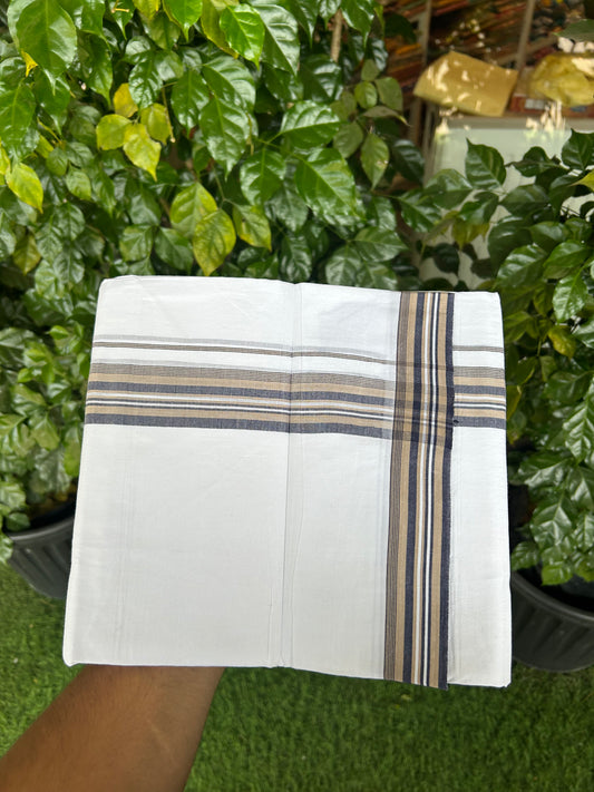 20% Discount ! Kaitharikada Balaramapuram 100% Cotton Pure White Double Mundu/Dothi - 100x80 - 1.5 inch Khaki & Navy Blue Shaded Striped Kara 3.80 mtr (8 muzham) - 15 KK5359 THI