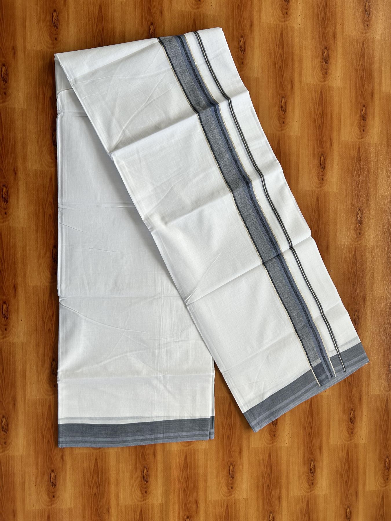 Double Pure White Mundu/Dhoti - 20% Discount ! KaithariKada Balaramapuram 100% Cotton - 100x80 - 1.5 inch Silver Kasav & Greyish Blue & Black Shaded Striped Kara 3.90 Mtr (8 muzham) - 36 KK5444 VIN