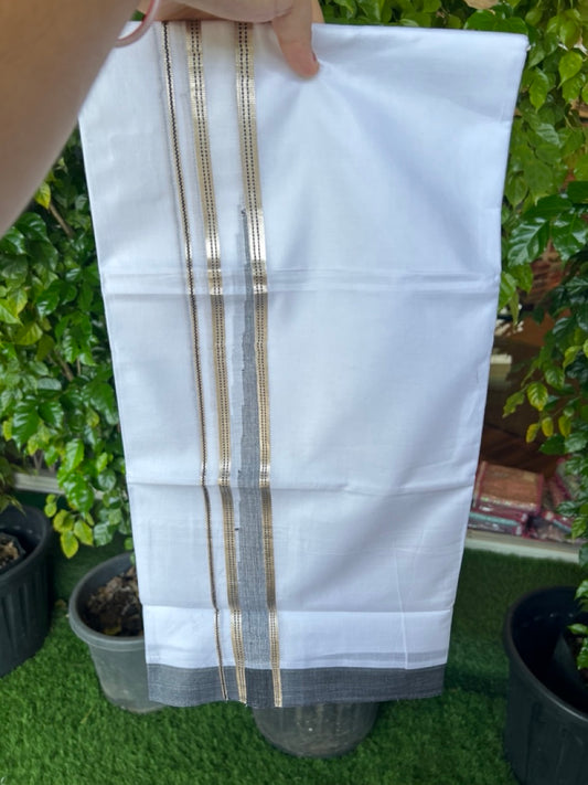 20% Discount ! Kaitharikada Balaramapuram 100% Cotton PURE WHITE DOUBLE Mundu/Dothi - 100x100 - 1.25 inch Puliyilakkara Black & Silver Kasav Stripes Chutty Kara 4 mtr (8.5 muzham) - 14KK5221 GAN