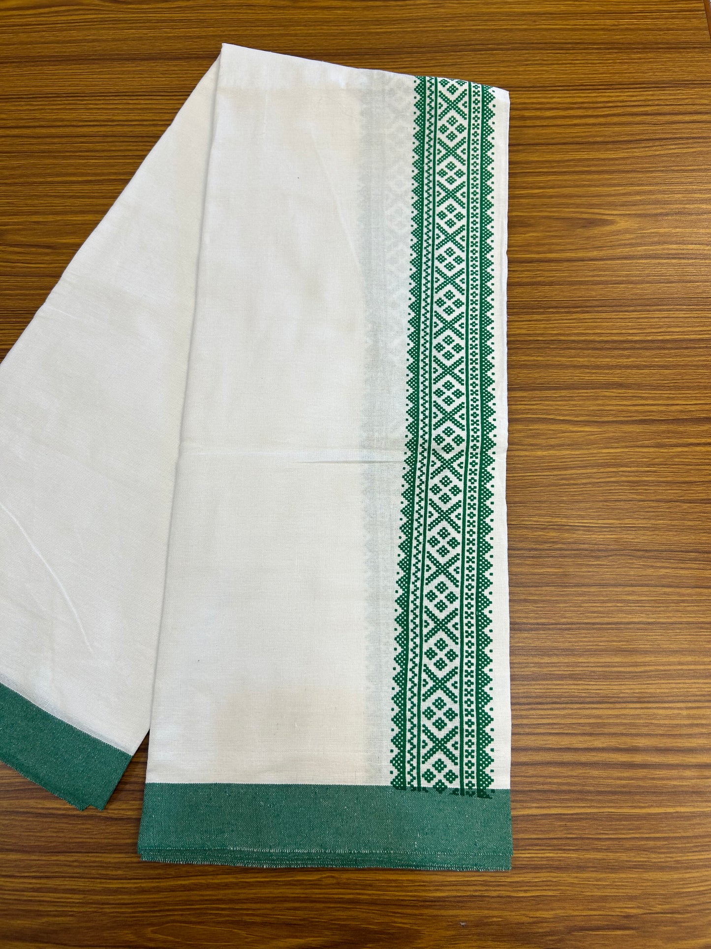 Kaitharikada - Polyster Mixed Cotton - (20s) - Pure white Single Kaily / Lungi - 2.5 inch Green Printed Kara with White colour body (2 meter / 4 muzham) - 3  KK8047 SAT
