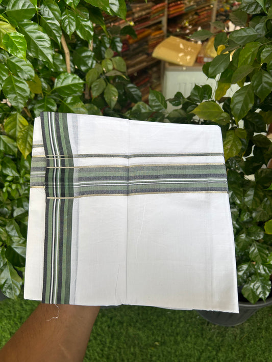 20% Discount ! Kaitharikada Balaramapuram 100% Cotton Pure White Double Mundu/Dothi - 100x80 - 1.5 inch Silver Kasav Green & Black Shaded Striped Kara 3.80 mtr (8 muzham) - 1 KK5359 THI