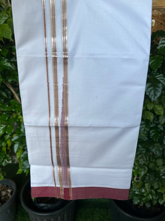 20% Discount ! Kaitharikada Balaramapuram 100% Cotton PURE WHITE DOUBLE Mundu/Dothi - 100x100 - 1.25 inch Puliyilakkara Grape Vine & Silver Kasav Stripes Chutty Kara 4 mtr (8.5 muzham) - 15KK5221 GAN