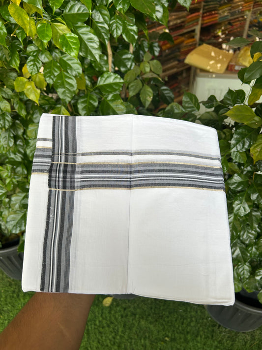 20% Discount ! Kaitharikada Balaramapuram 100% Cotton Pure White Double Mundu/Dothi - 100x80 - 1.5 inch Silver Kasav Ash Blue & Black Shaded Striped Kara 3.80 mtr (8 muzham) - 5 KK5359 THI