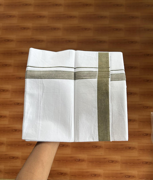 Single Mundu/Dhoti  - Pure White - 29% Discount !! KaithariKada Balaramapuram 100% Cotton - Twisted 60s Thread -1 Inch Silver Kasav & Yellowish Olive Green Shaded Striped Kara (2 meter / 4 muzham) - 41 KK5393 GL