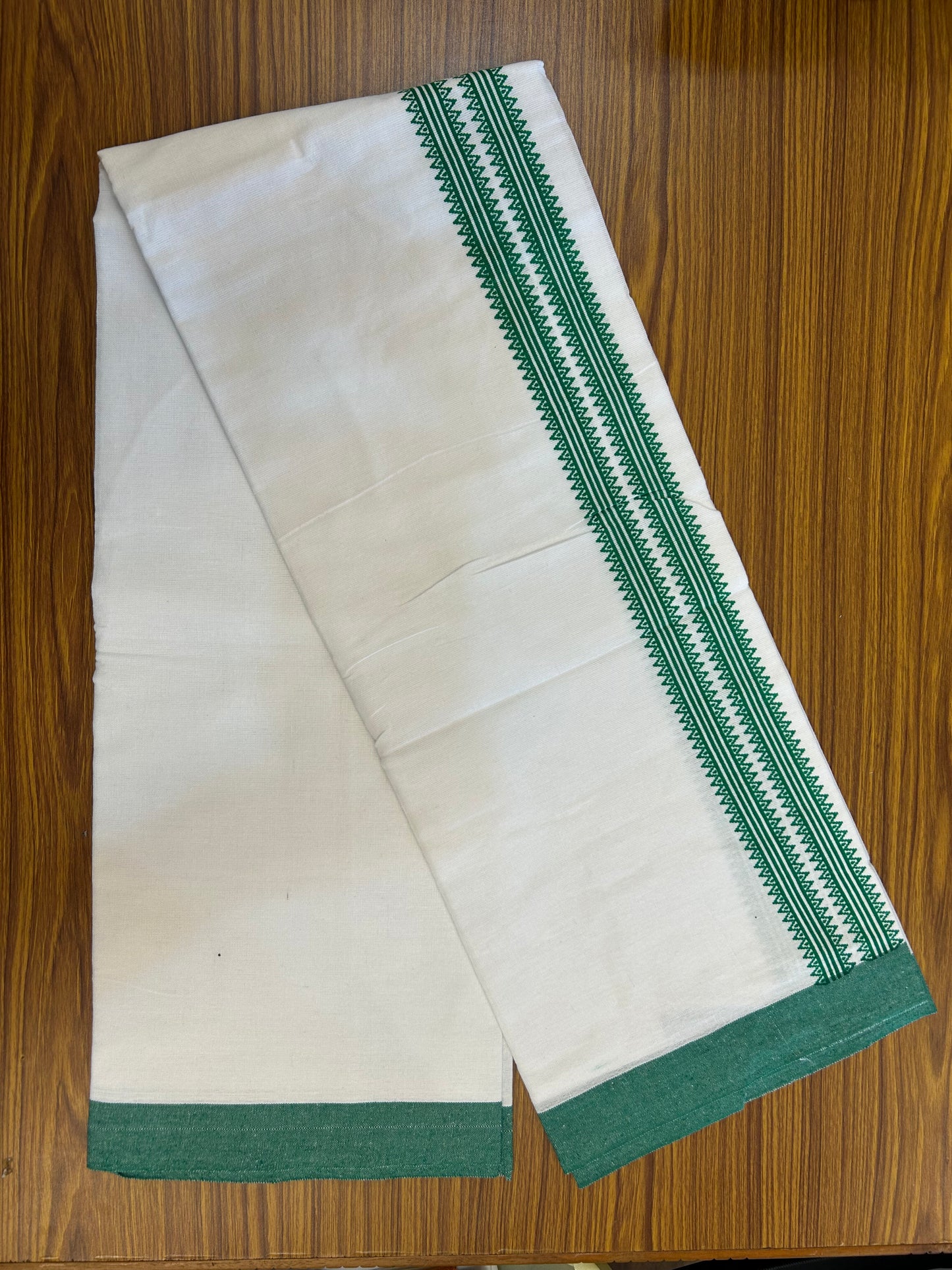 Kaitharikada - Polyster Mixed Cotton - (20s) - Pure white Single Kaily / Lungi - 2.25 inch Green Printed Kara with White colour body (2 meter / 4 muzham) - 4 KK8047 SAT